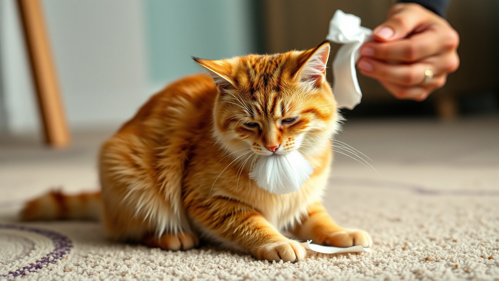 Cat sitting on a carpet coughing up a hairball while owner holds a tissue nearby, soft warm lighting