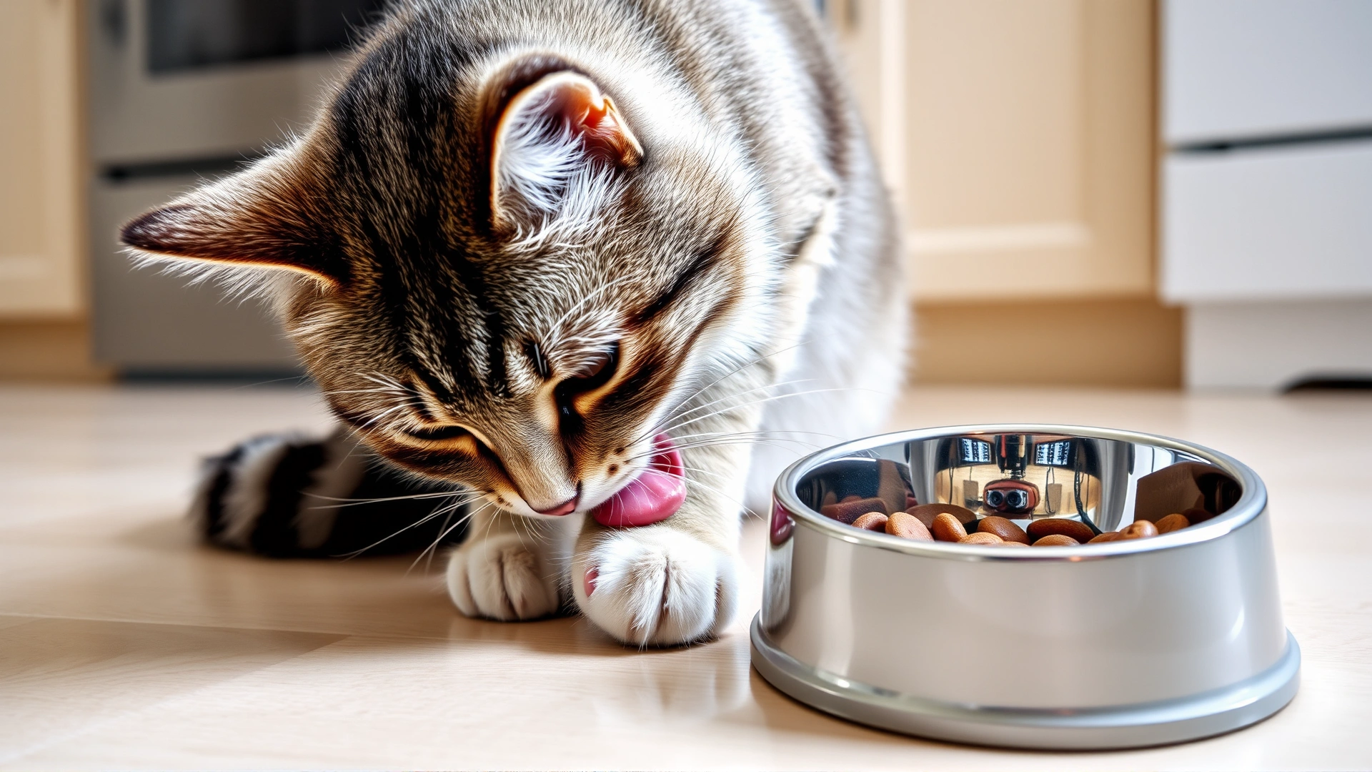 Cat licking its paw next to hairball control kibble bowl on kitchen floor