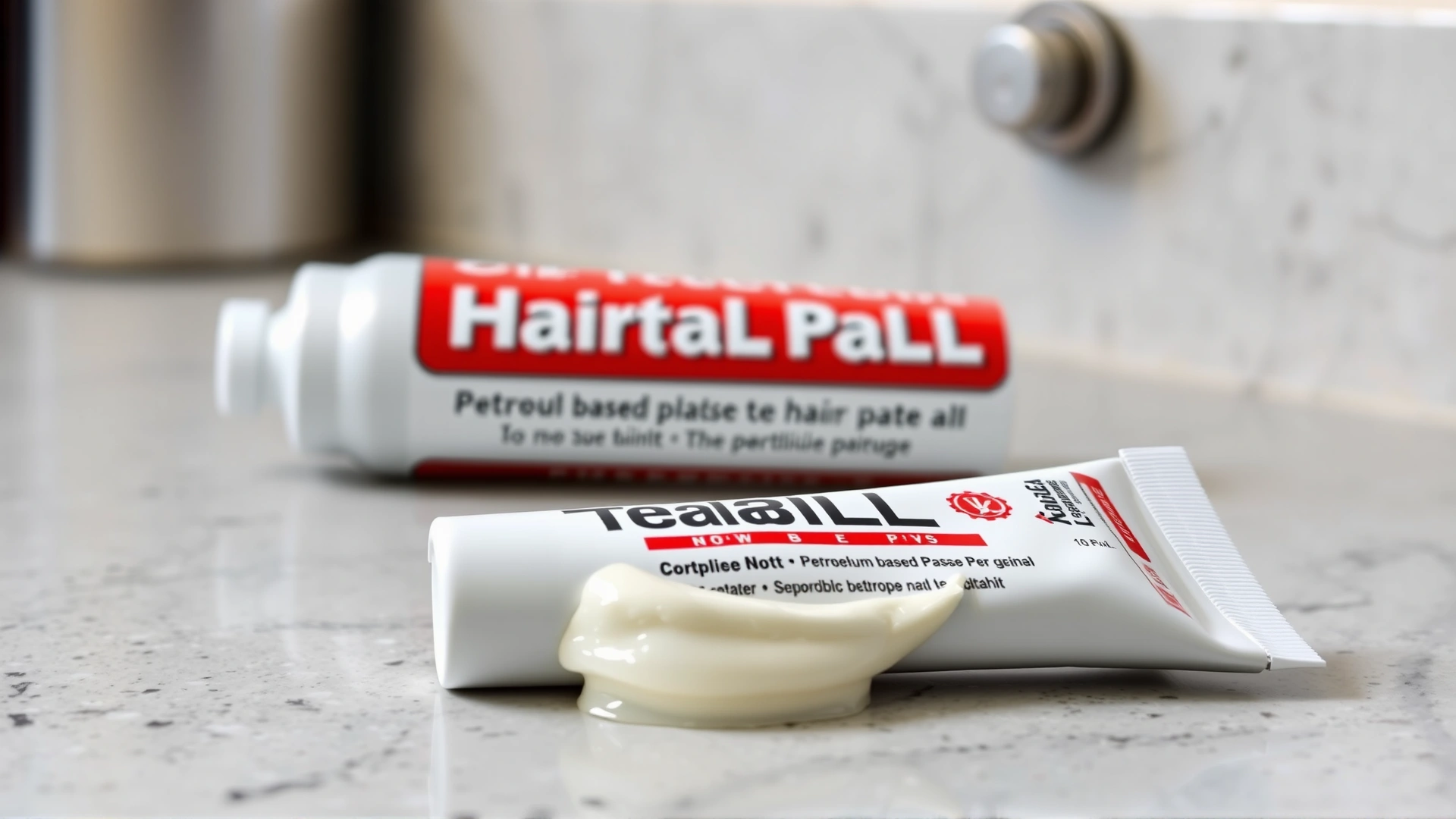 Tube of petroleum-based hairball paste lying on a countertop with a small dab of the product shown next to it (no brand names visible).