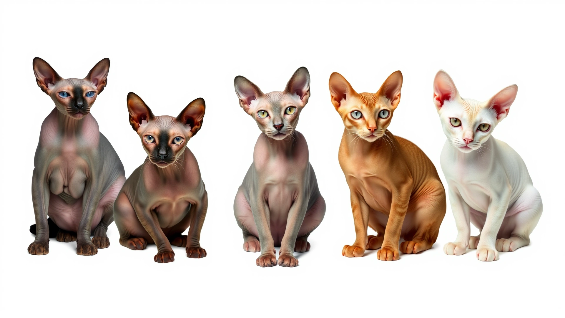 Collage image featuring five different hairless cat breeds (Sphynx, Peterbald, Donskoy, Bambino, Ukrainian Levkoy) sitting side by side on a white background
