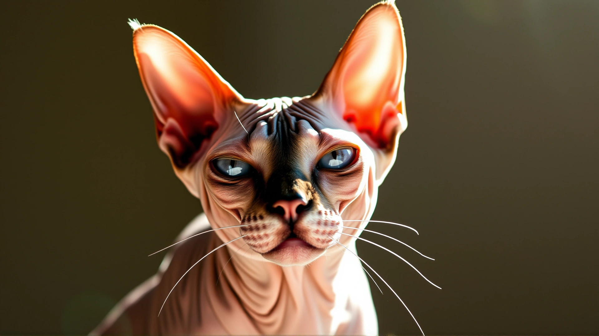 Portrait of a Sphynx cat under direct sunlight highlighting its bare, wrinkled skin.
