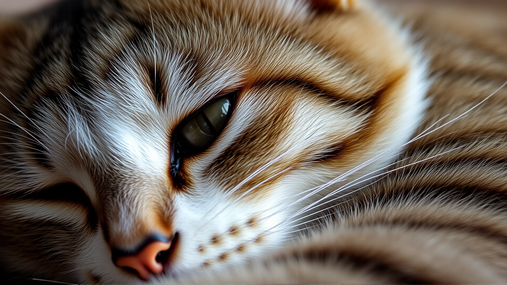 Close-up of a cat resting with one eye half open, ears slightly perked.