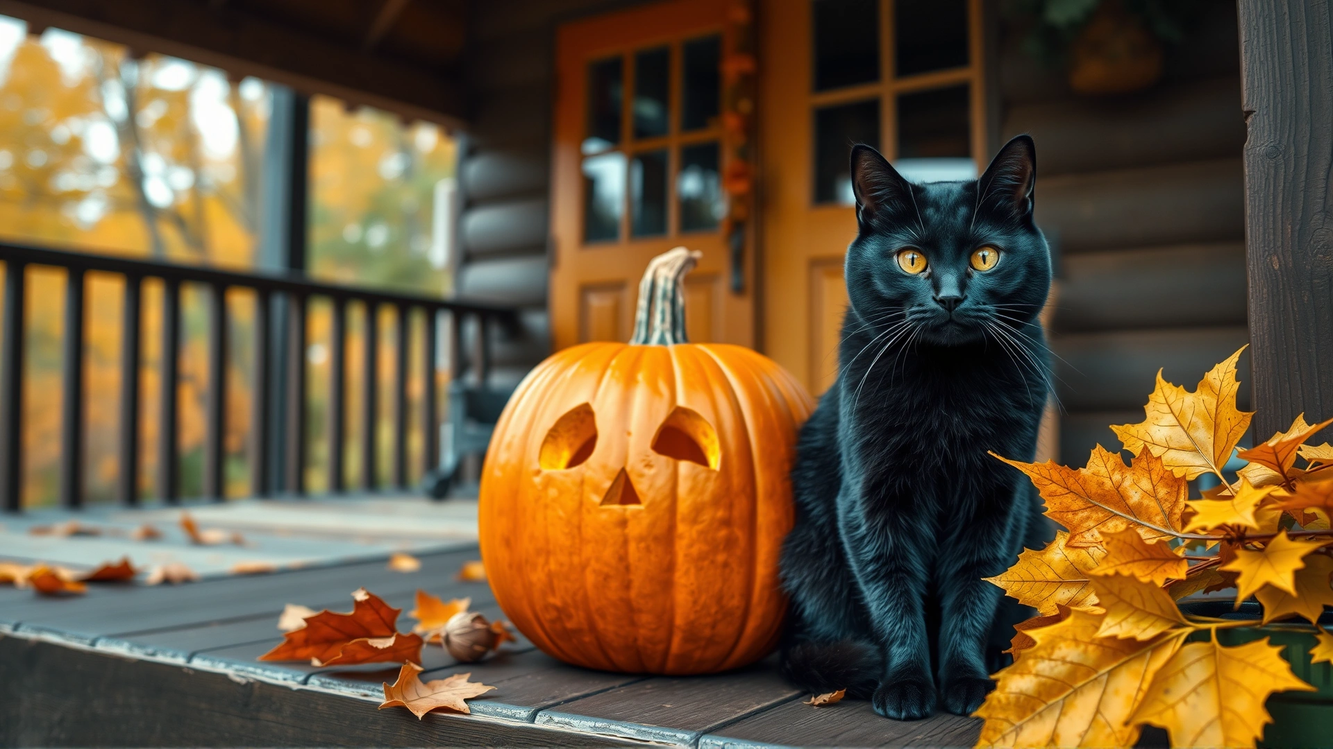 Atmospheric autumn photo of a black cat sitting beside an uncarved pumpkin on a wooden porch decorated with fall leaves, no text or logos.