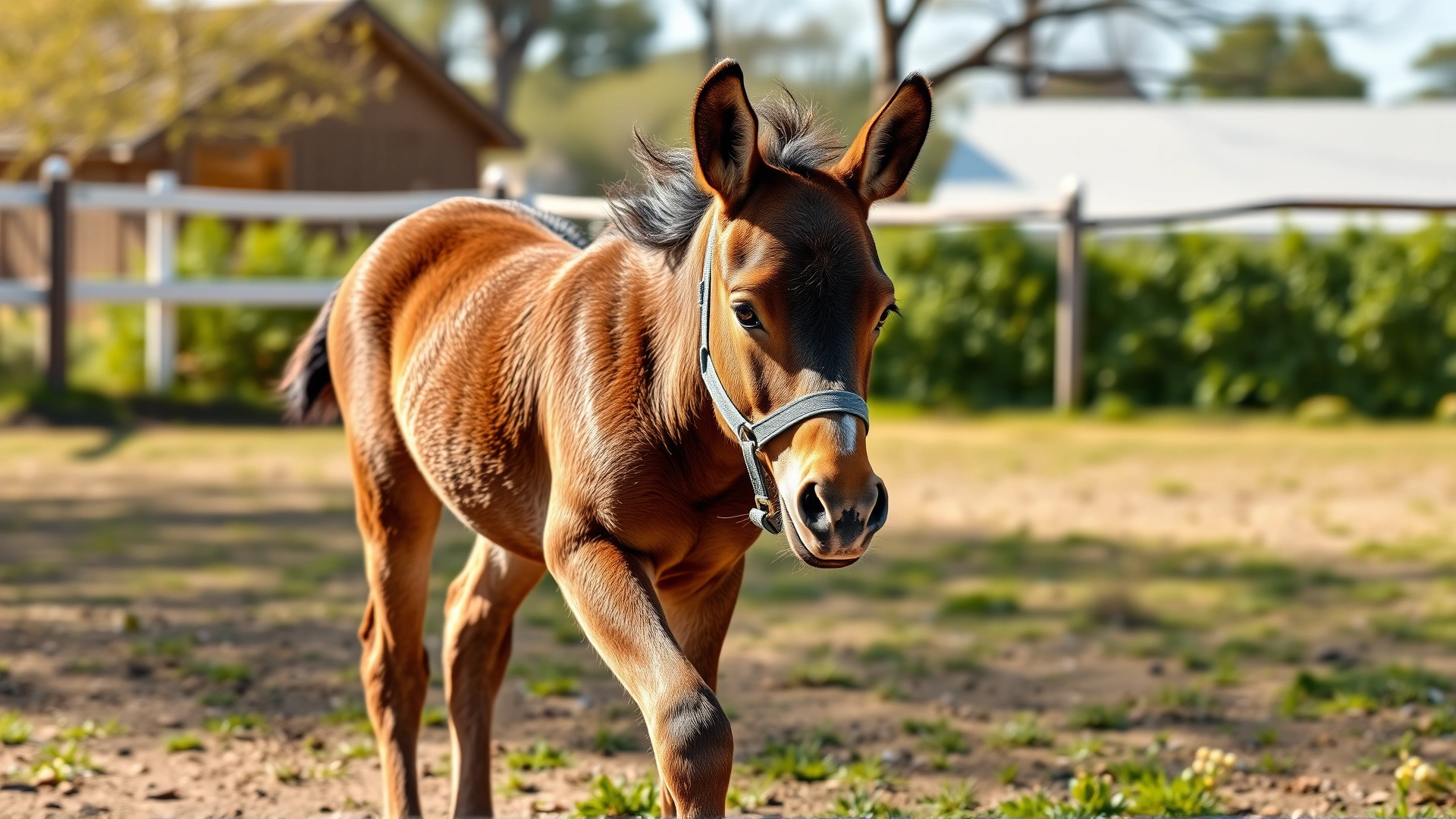 Young foal wearing a lightweight padded halter for the first time, walking freely in a small paddock; sunny afternoon