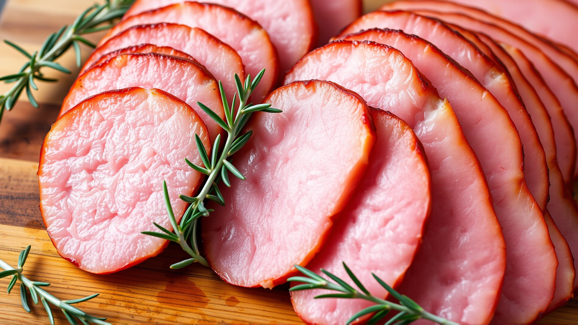 Close-up of freshly sliced ham on a wooden cutting board with sprigs of rosemary, no text
