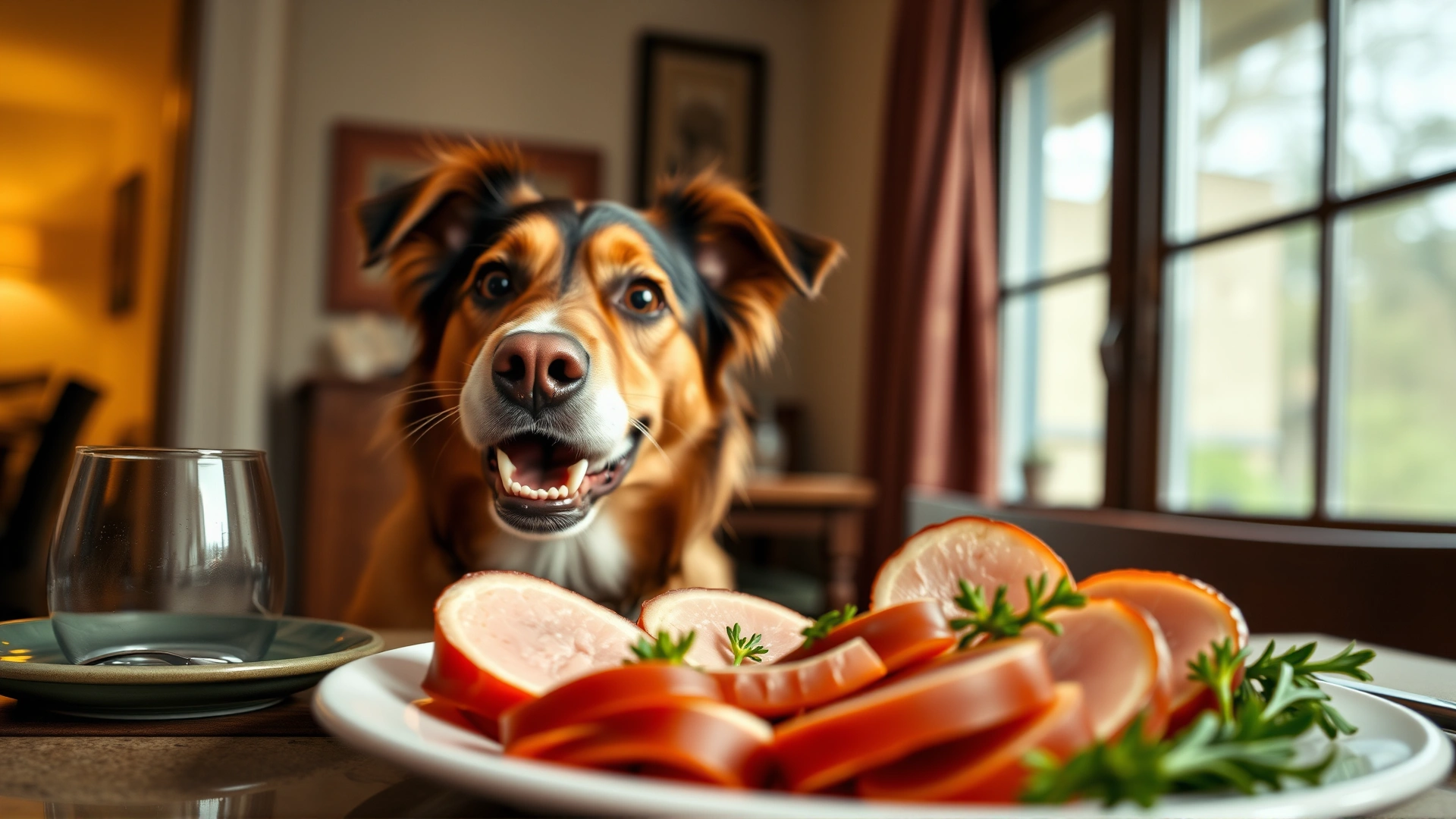 An excited dog with bright eyes staring at a plate full of ham slices on a dining table; indoor setting with warm lighting.