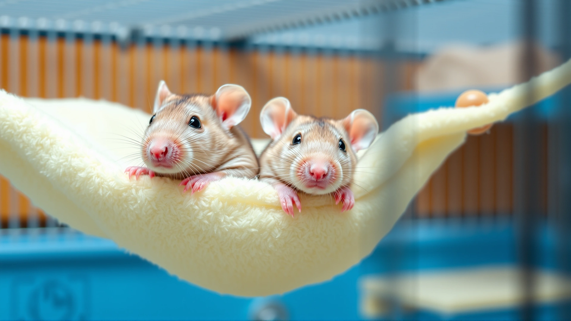 Two pet rats lounging in a soft fleece hammock hung across the cage levels