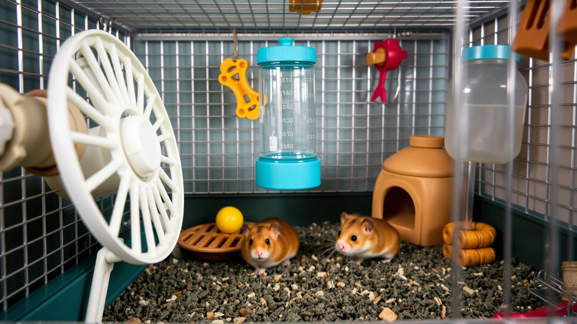 Close-up photo of the inside of a hamster cage highlighting essential accessories: large wheel, water bottle, hideout house, and chew toys with a hamster actively playing.