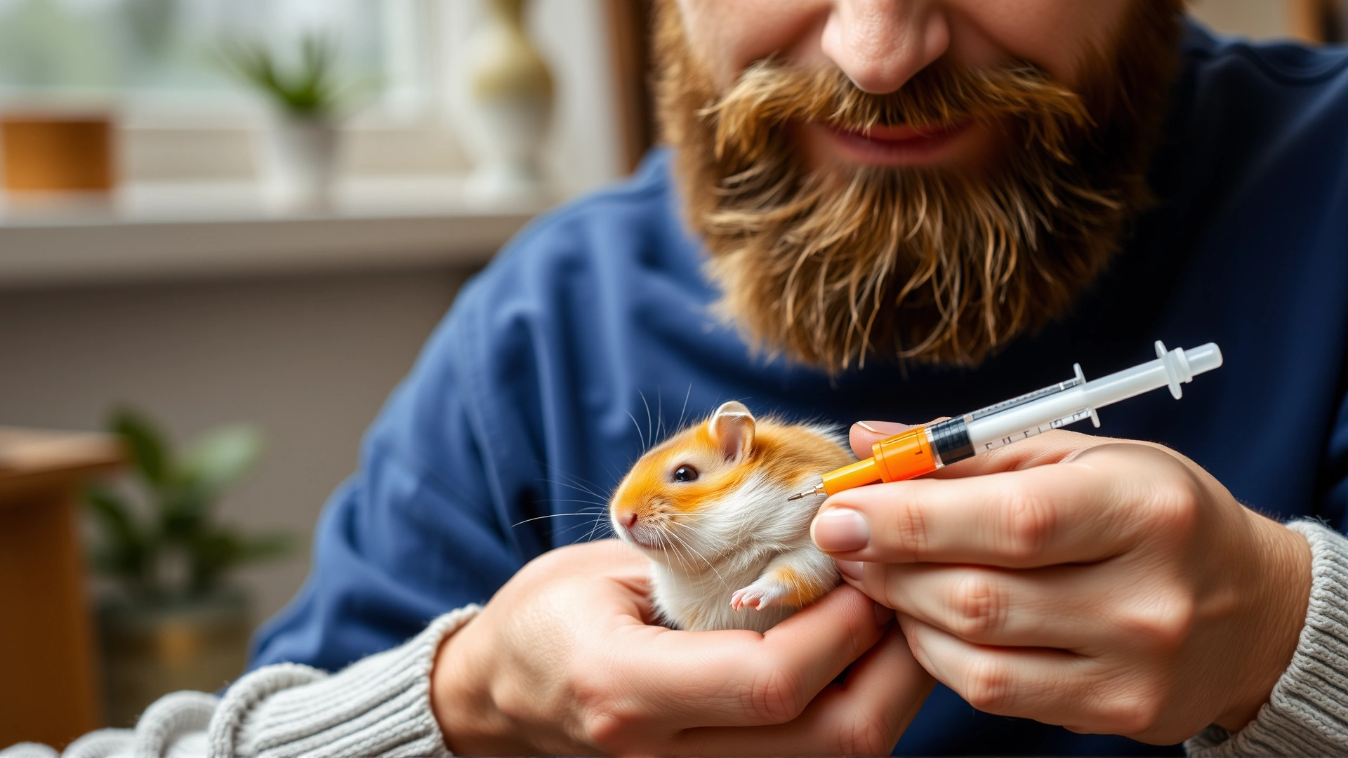 Owner gently giving oral antibiotic to a hamster using a small syringe, cozy home environment