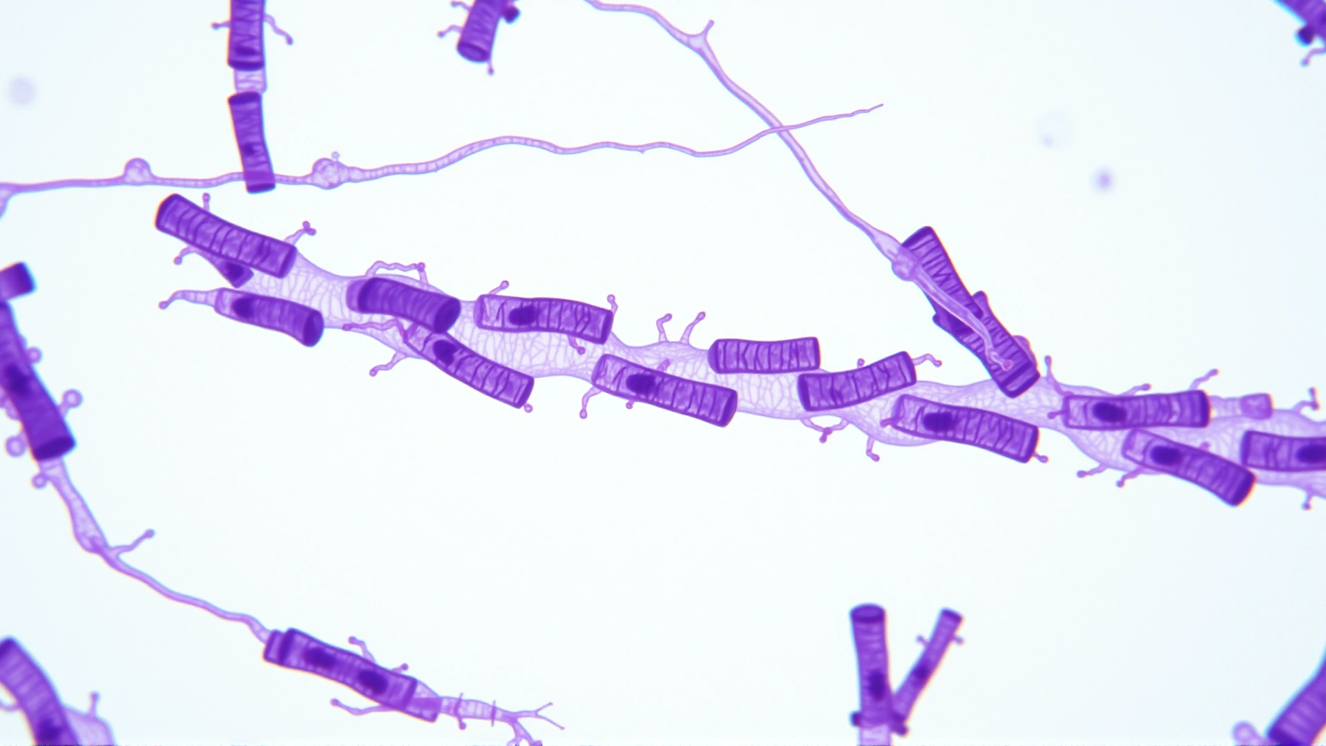 Microscopic view illustration of Actinomyces bacteria, rod-shaped organisms stained purple against a light background, no text.