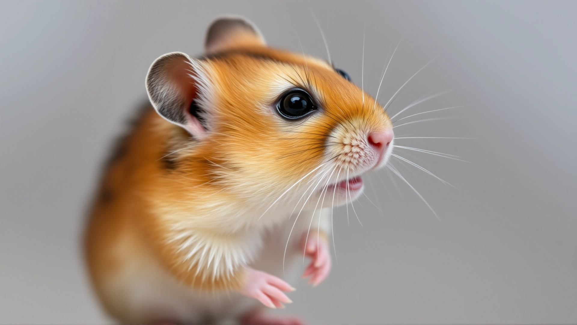 A small hamster in profile, mouth slightly open as if breathing heavily, with subtle mist indicating breath in cool air; neutral background, sharp focus.