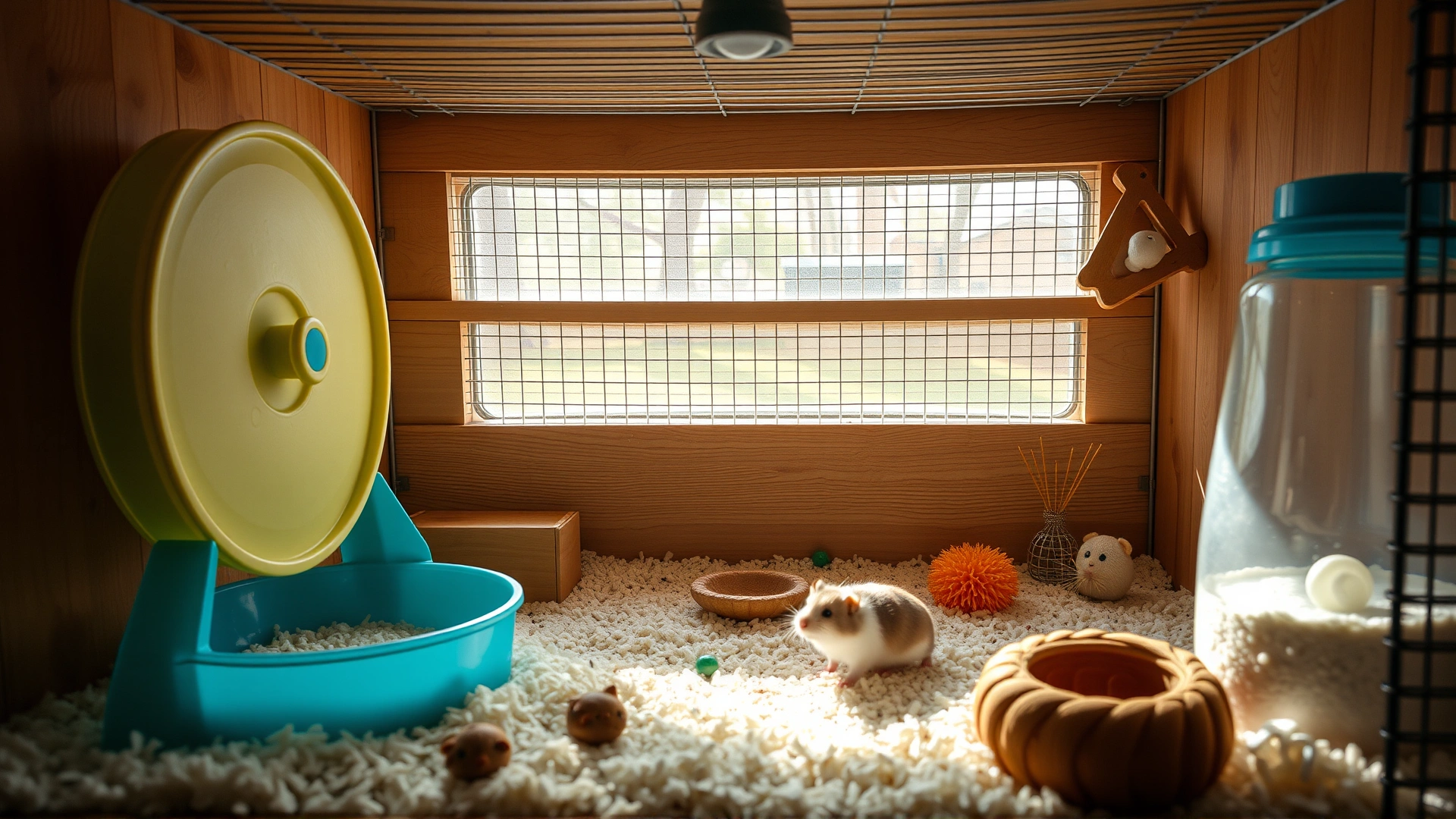 A clean, well-organized hamster habitat featuring fresh bedding, a running wheel, chew toys, and a water bottle under natural light.