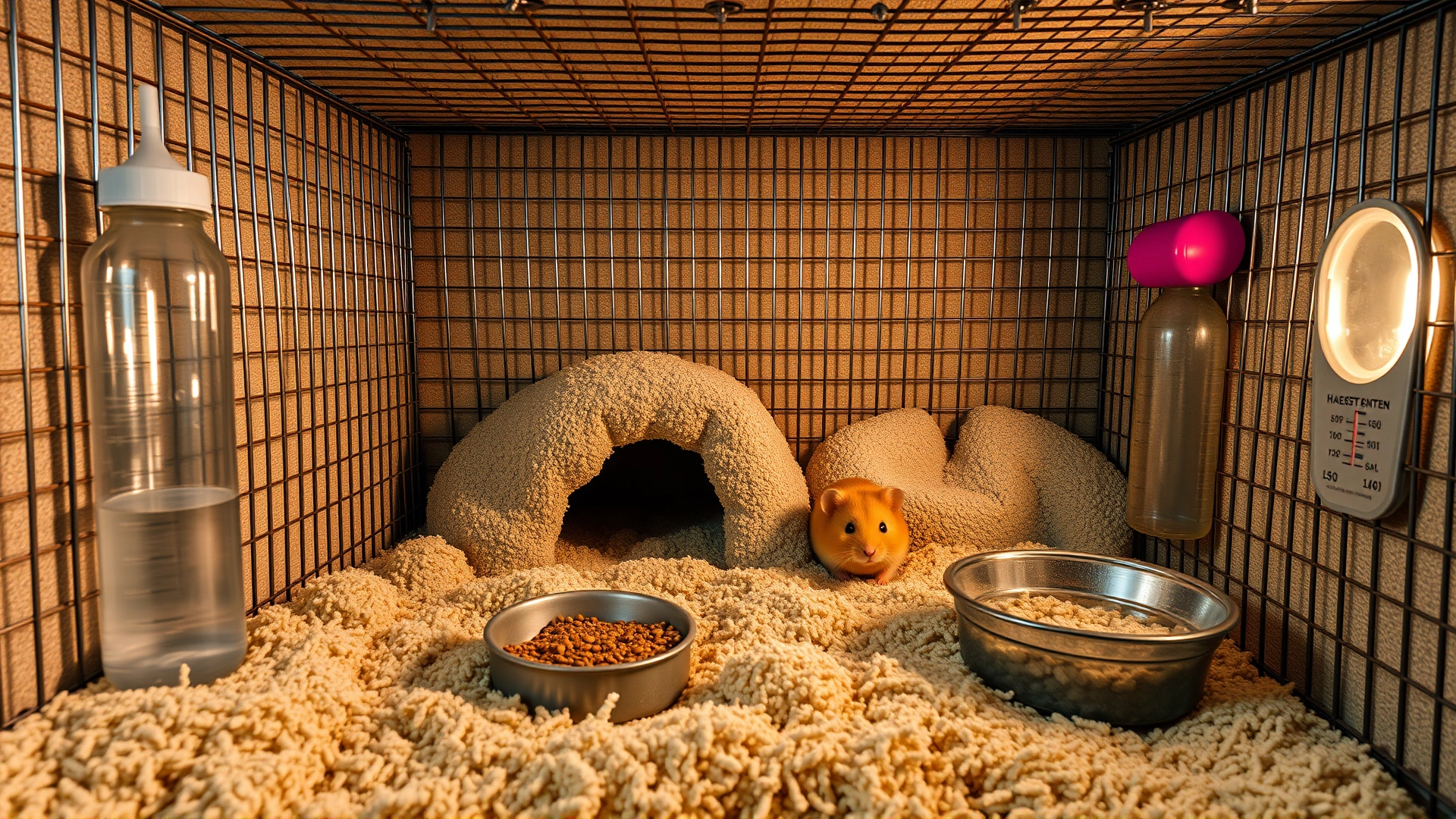 Wide shot of a well-organized hamster cage featuring deep bedding, hideouts, a water bottle, food dish, and a thermometer on the side, warm lighting.