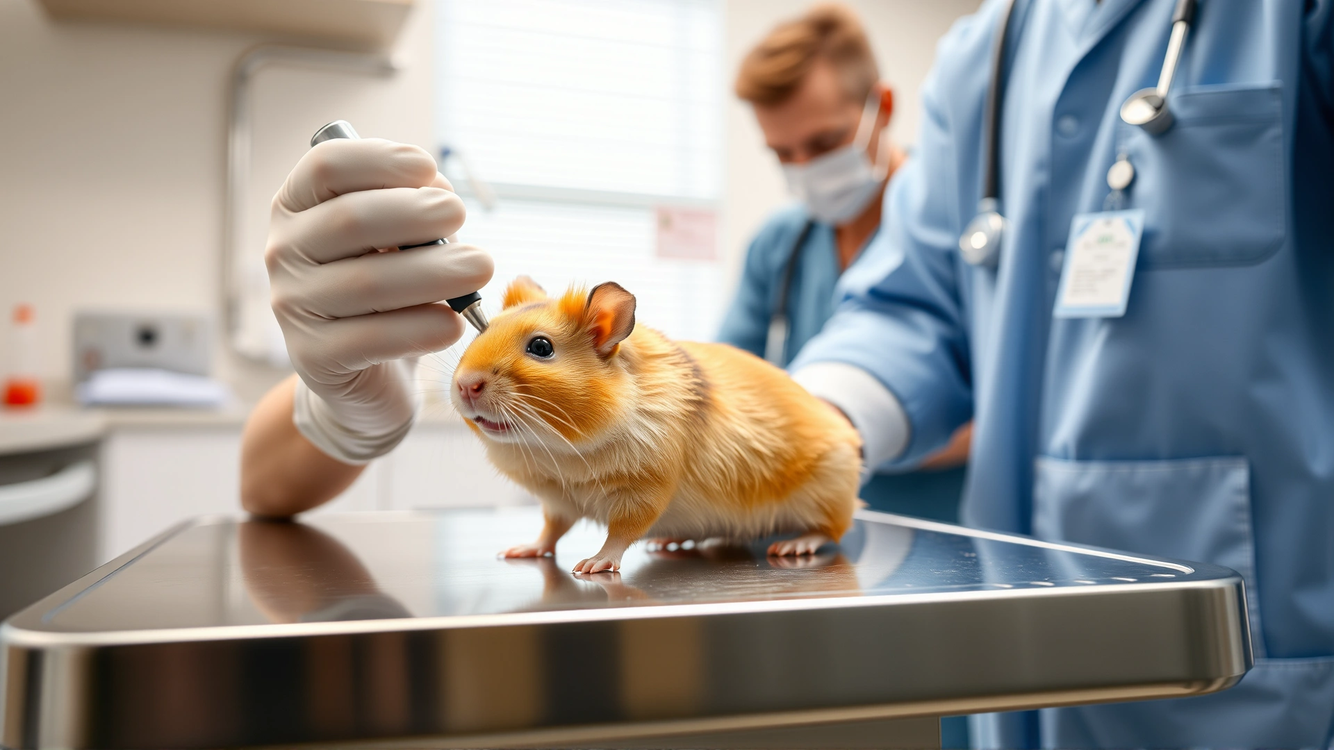 A veterinarian carefully examining a golden hamster on a stainless-steel exam table in a bright clinic room.
