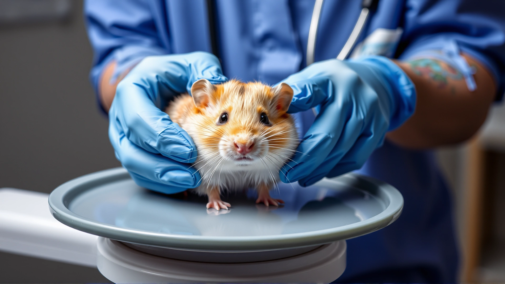 Close-up shot of a veterinarian examining a hamster on a small exam table, focusing on the chest area, no text