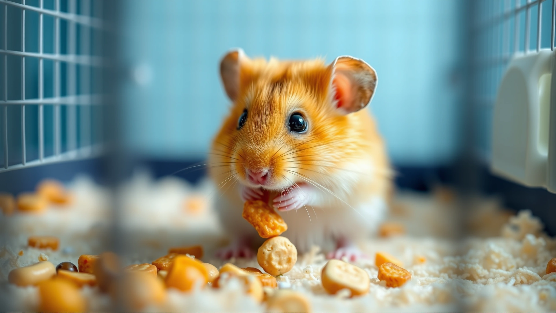 A cute golden hamster nibbling on food inside a clean, well-lit cage. Soft focus on the hamster with blurred background bedding to illustrate a healthy pet environment.