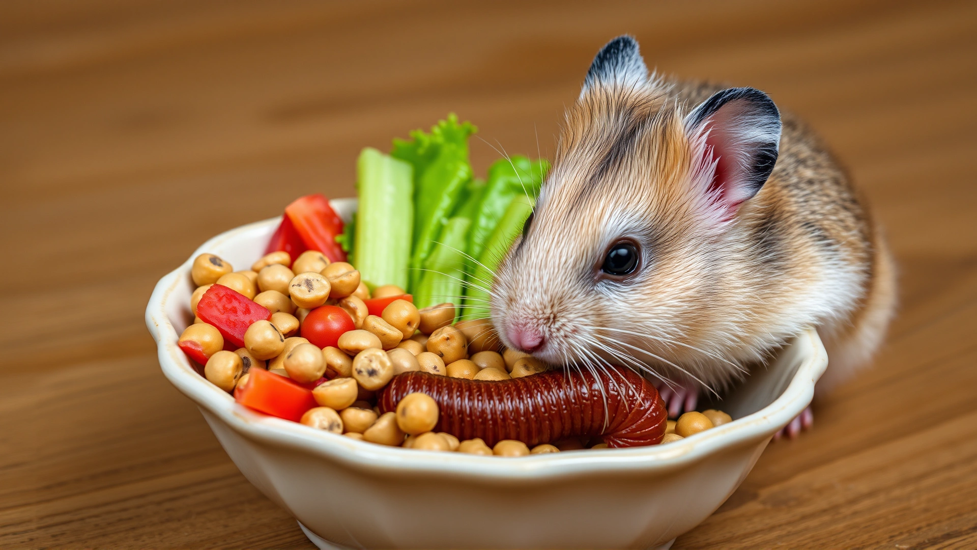 Close-up of a hamster eating a balanced meal consisting of pellets, fresh vegetables, and a mealworm; small ceramic bowl, wooden table surface.