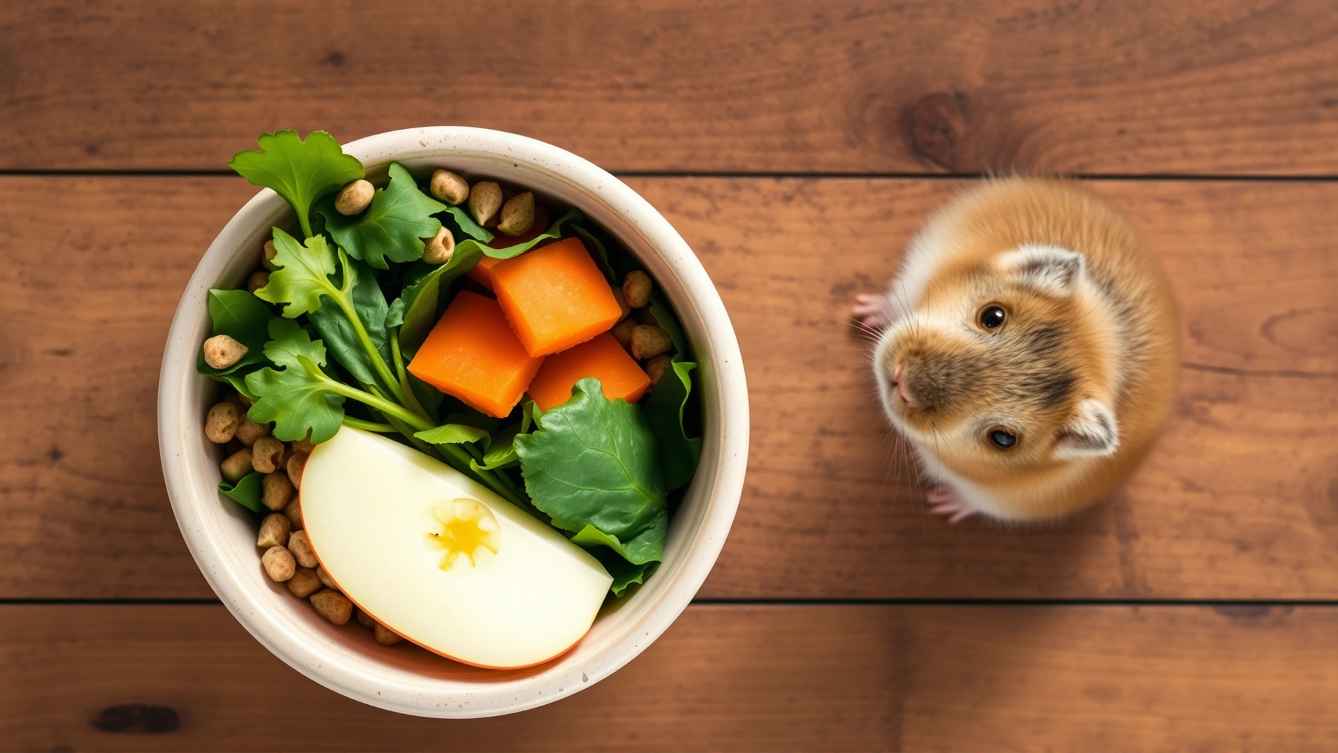 Top-down view of a balanced Syrian hamster meal: high-quality pellets, fresh leafy greens, sliced carrot, and a small piece of apple neatly arranged in a ceramic bowl on a wooden surface.