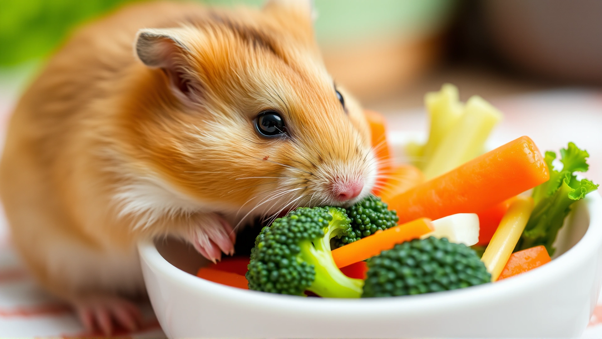 Hamster nibbling on a small bowl filled with fresh vegetables like carrots and broccoli