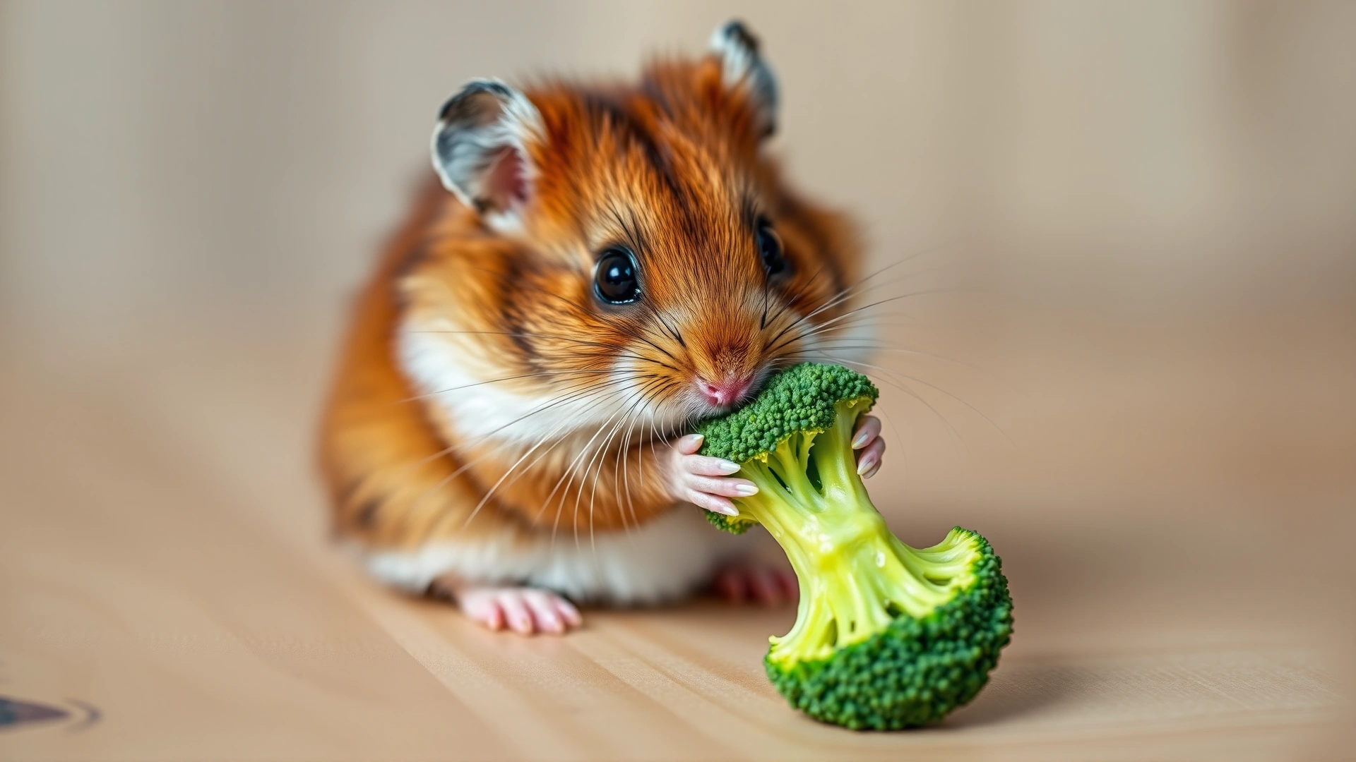 A dwarf hamster sitting on a wooden surface while nibbling on a piece of broccoli held in its tiny paws, shot with a shallow depth of field and vibrant colors.