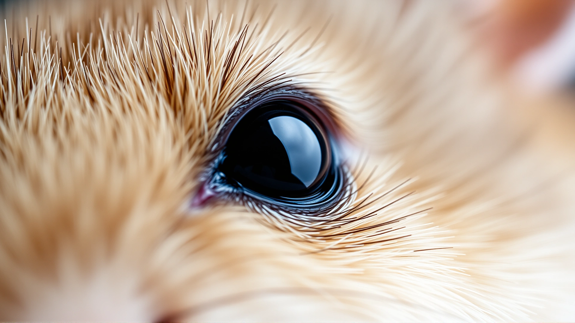 Macro photograph of a healthy hamster eye in sharp focus on a neutral background for comparison