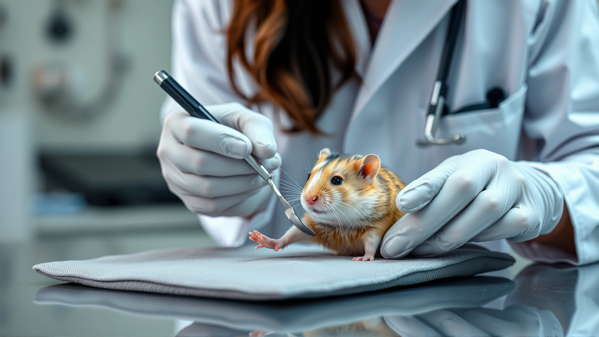 Veterinarian carefully examining a hamster’s swollen hind leg on a padded table, soft focus clinic background, high detail