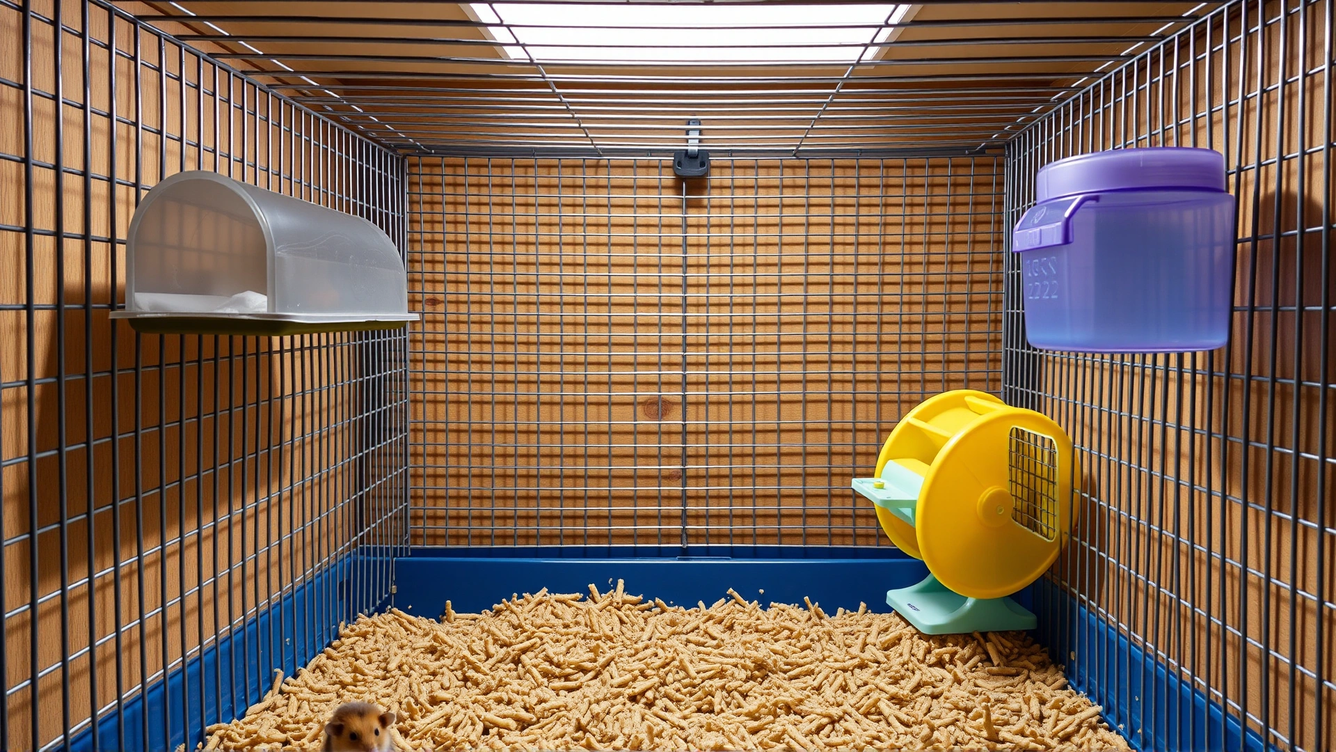 Bright image of a well-maintained hamster cage with proper ventilation, clean bedding, water bottle, and exercise wheel, no text