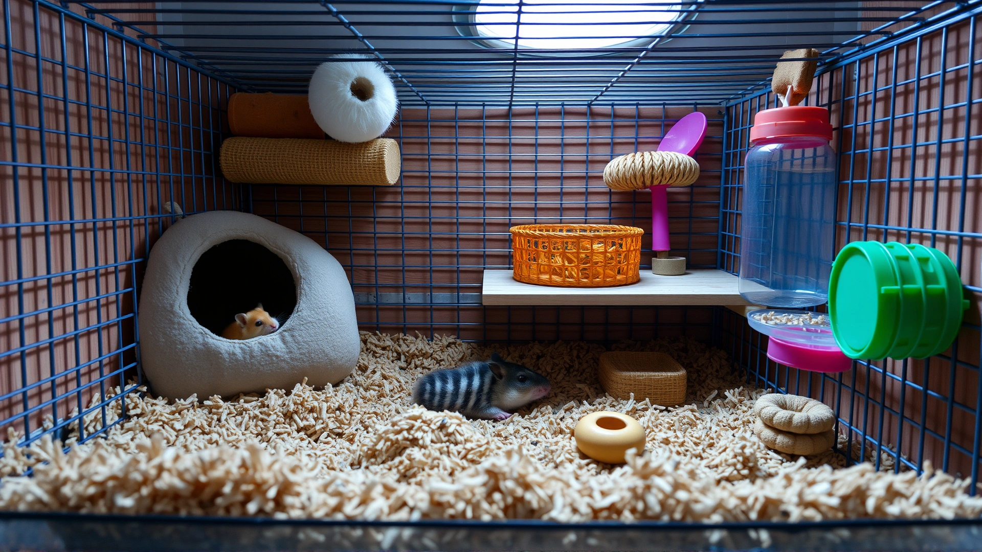 Well-organized hamster cage with deep bedding, hideout, chew toys, and a water bottle; natural lighting, tidy environment.
