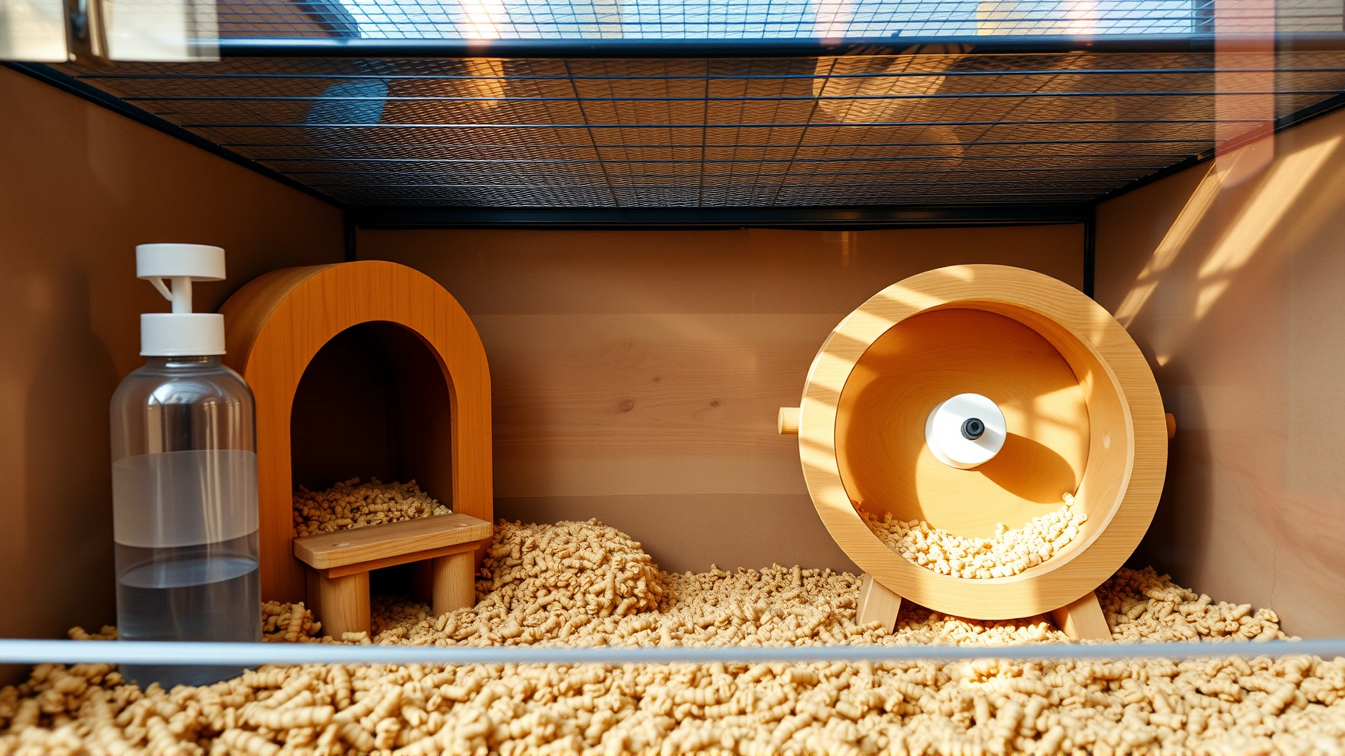 Close-up photo showing the interior of a spacious glass or acrylic Syrian hamster enclosure with deep paper bedding, wooden hideouts, a water bottle, and a solid-surface running wheel, warm natural lighting.