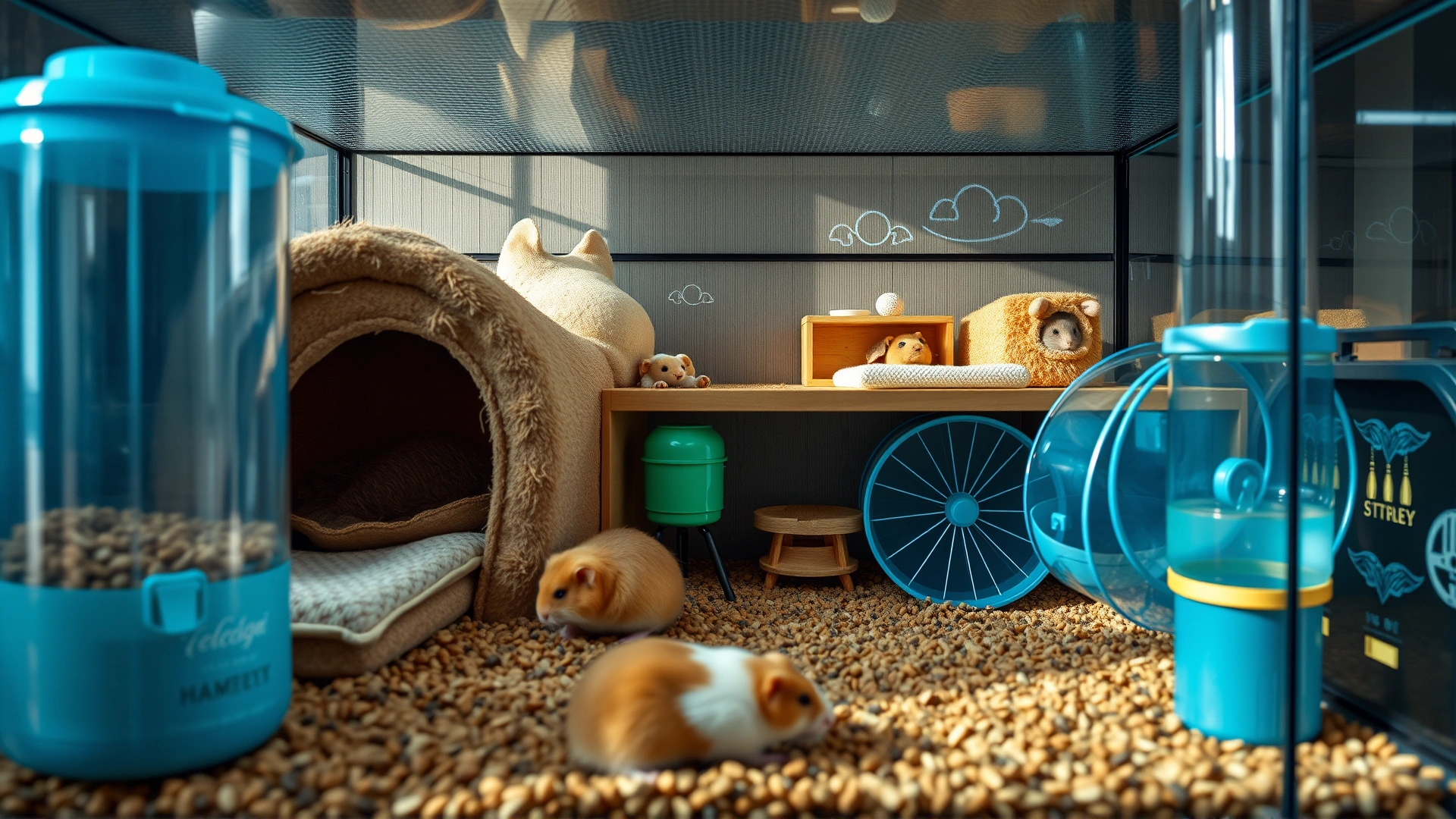Wide shot of a well-organized hamster enclosure showing bedding, hideouts, water bottle, and exercise wheel inside a modern glass tank, natural lighting