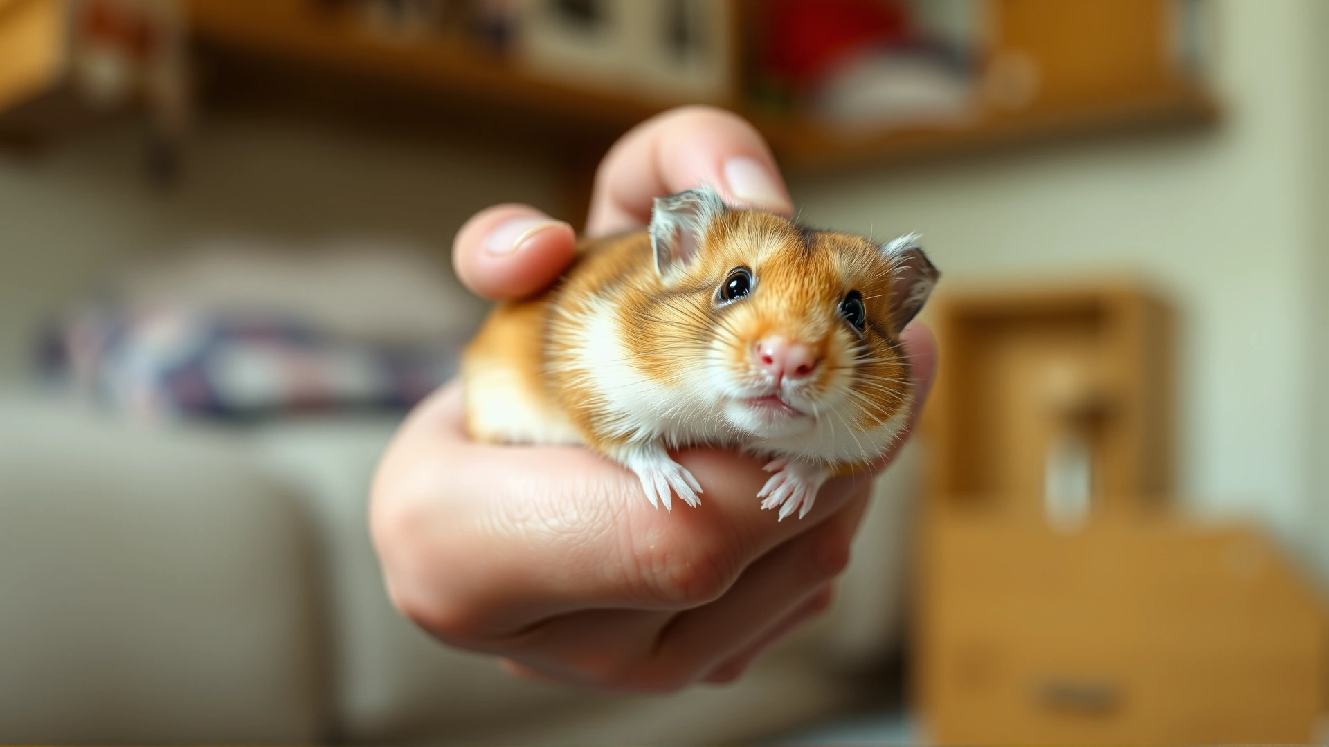 Friendly human hand gently holding a calm Syrian hamster, demonstrating proper handling technique; soft focus with a cozy indoor background.