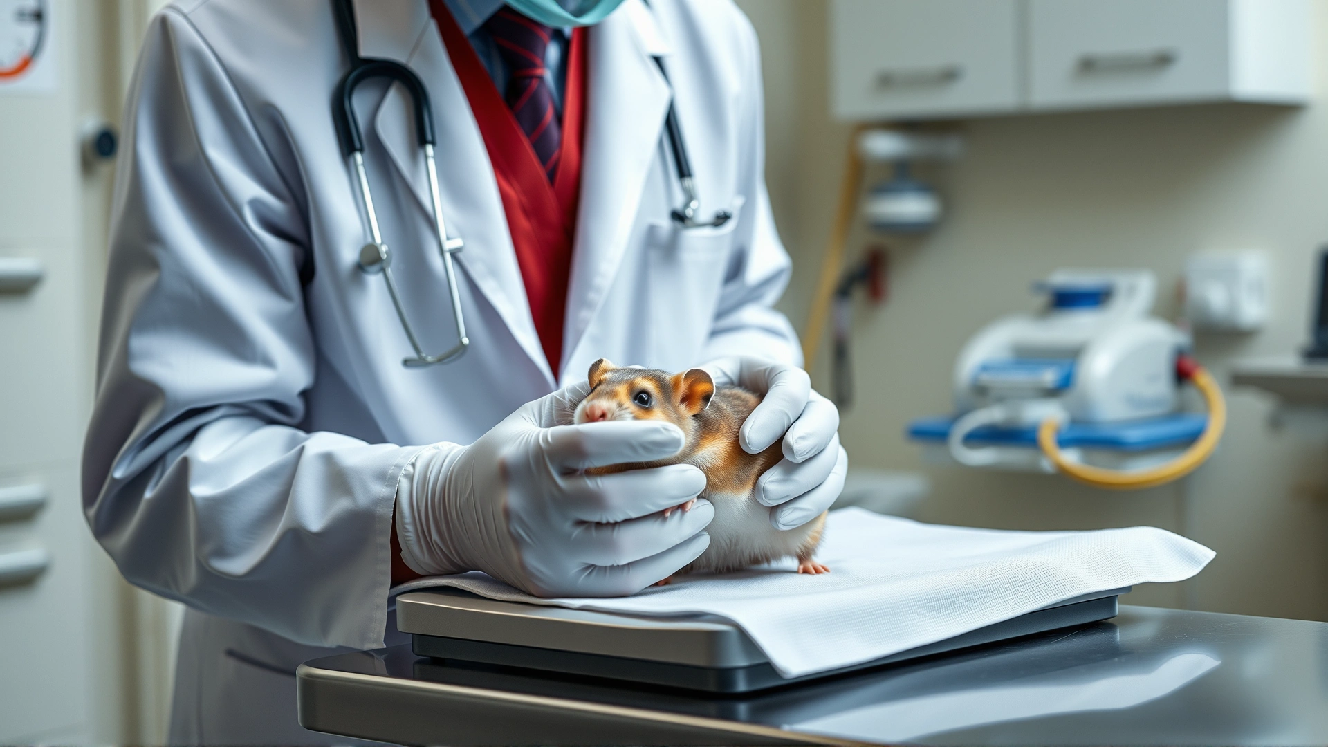 Veterinarian wearing gloves examining a hamster on an exam table, medical equipment in background