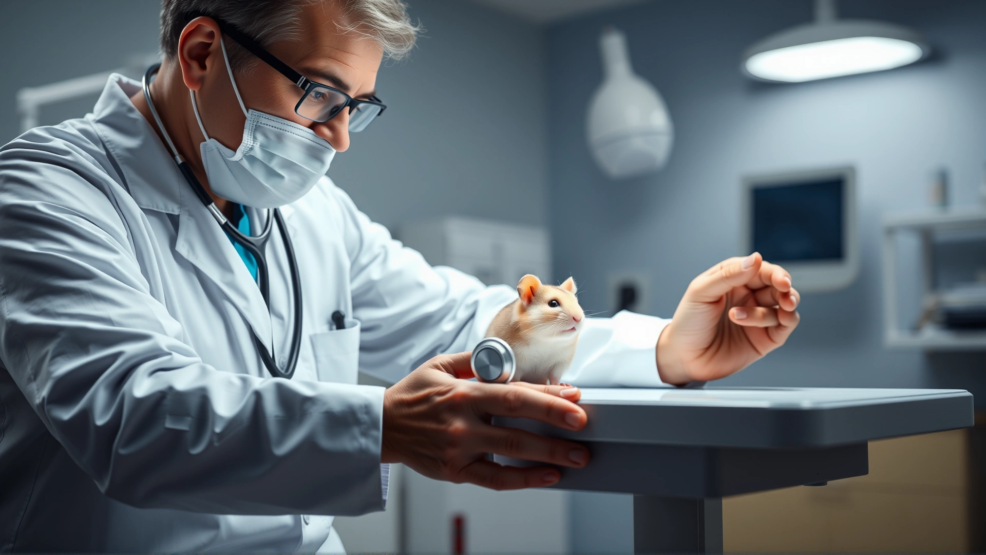 Veterinarian examining a Syrian hamster on a clinic table using a stethoscope; bright, clean clinical environment.