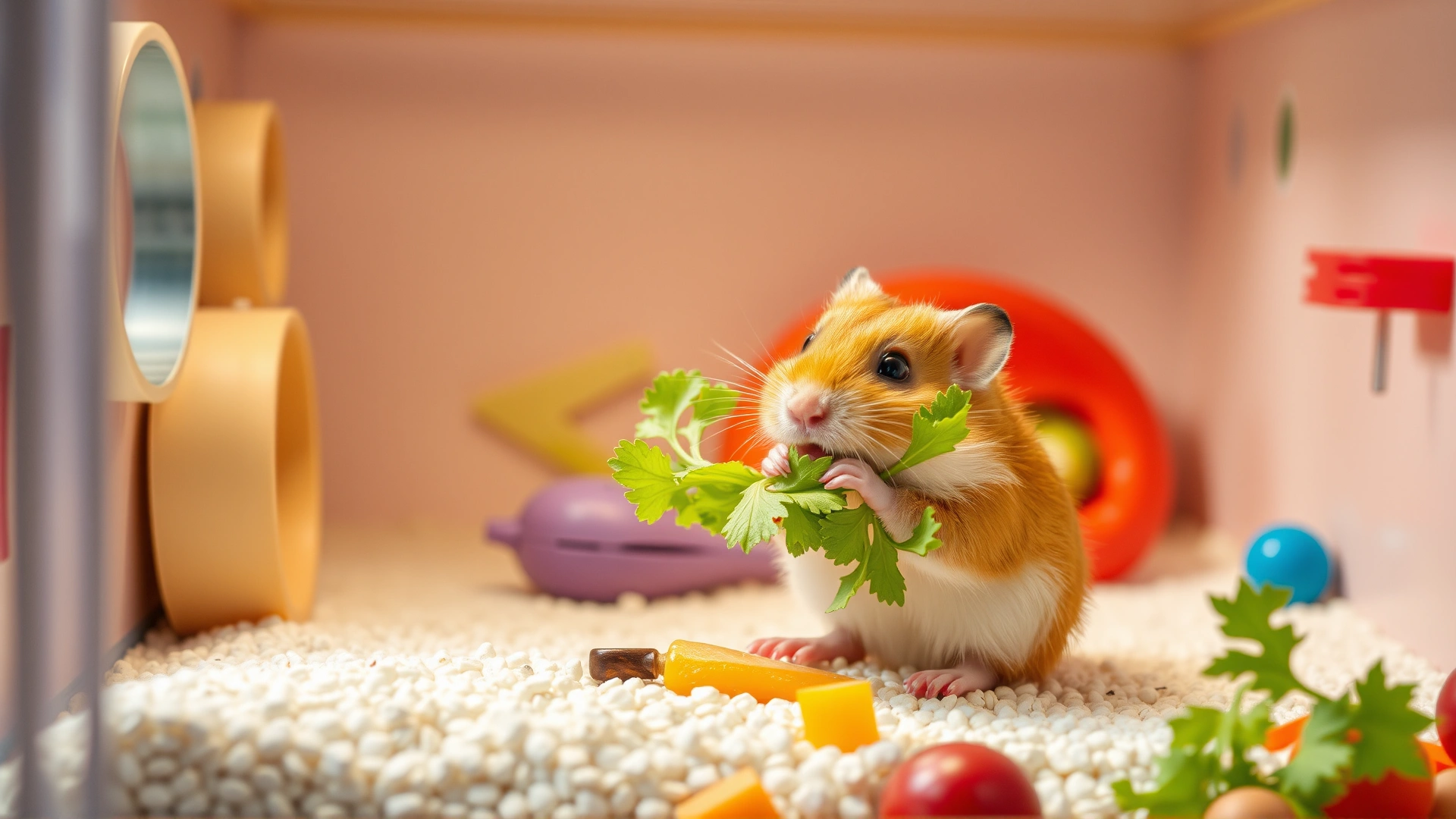Happy, healthy hamster eating fresh vegetables in a spotless, well-lit habitat with colorful toys.