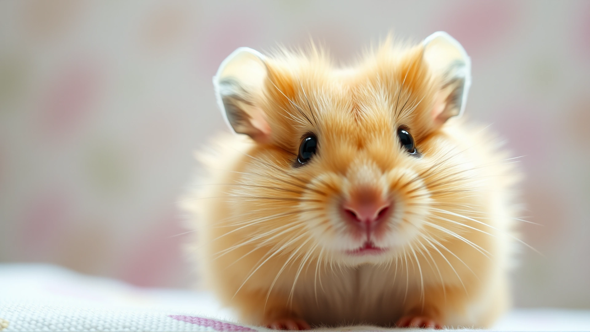 Close-up portrait of a healthy golden hamster looking directly at the camera, pastel blurred background