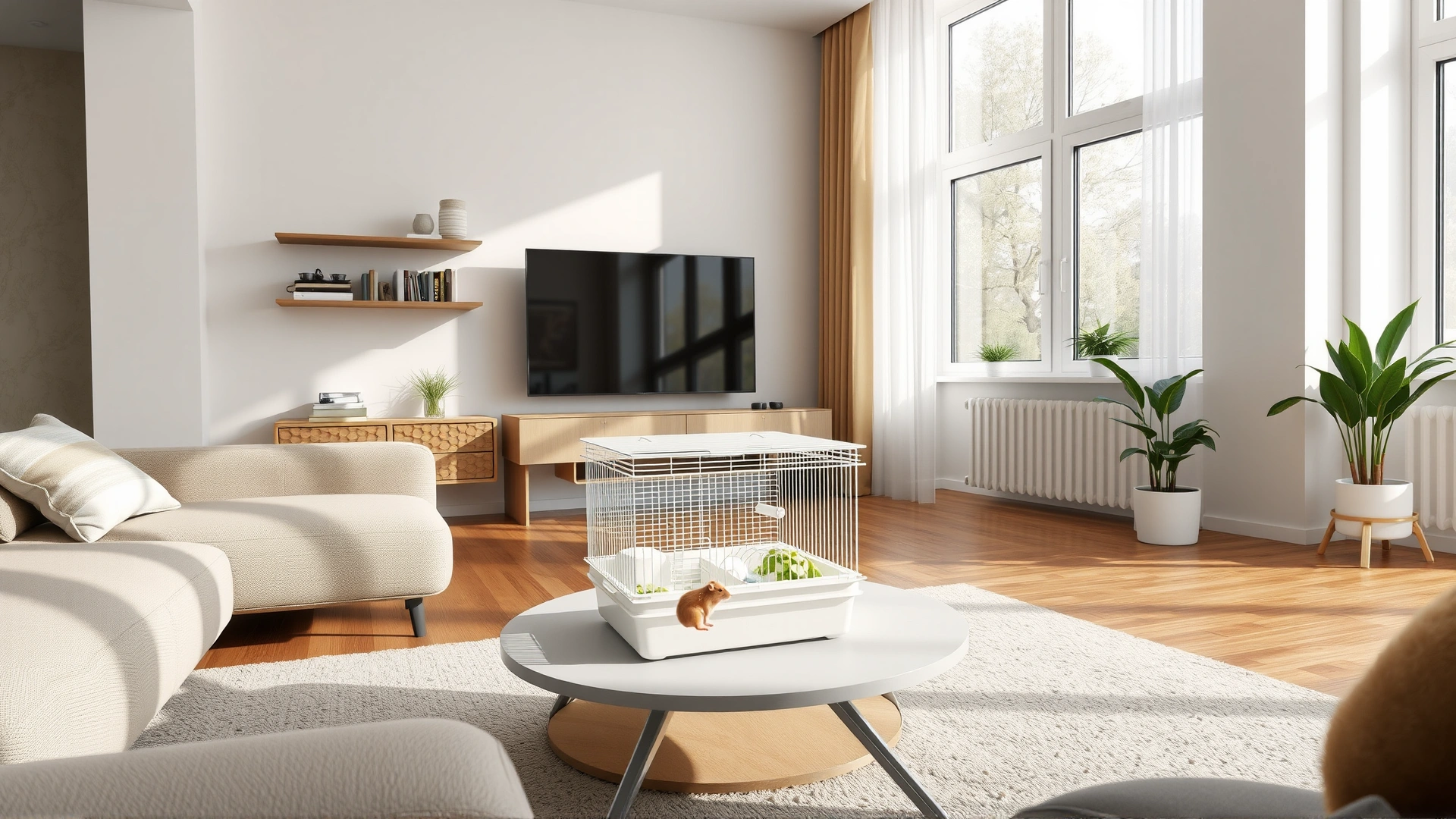 Interior shot of a modern living room with a hamster cage placed on a low table away from windows and heaters, demonstrating ideal placement in a calm environment.
