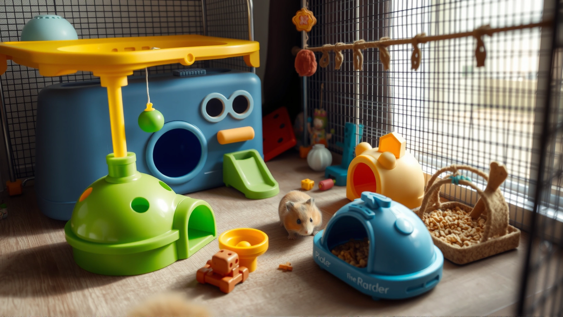 Indoor playpen scene with a hamster exploring multiple toys and hideouts on a safe floor surface – overhead angle, bright natural light