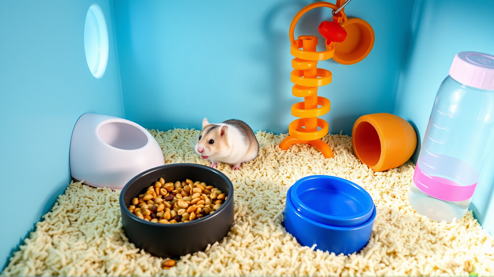 Bright image of a clean hamster habitat with fresh bedding, a balanced food dish, water bottle, and enrichment toys.