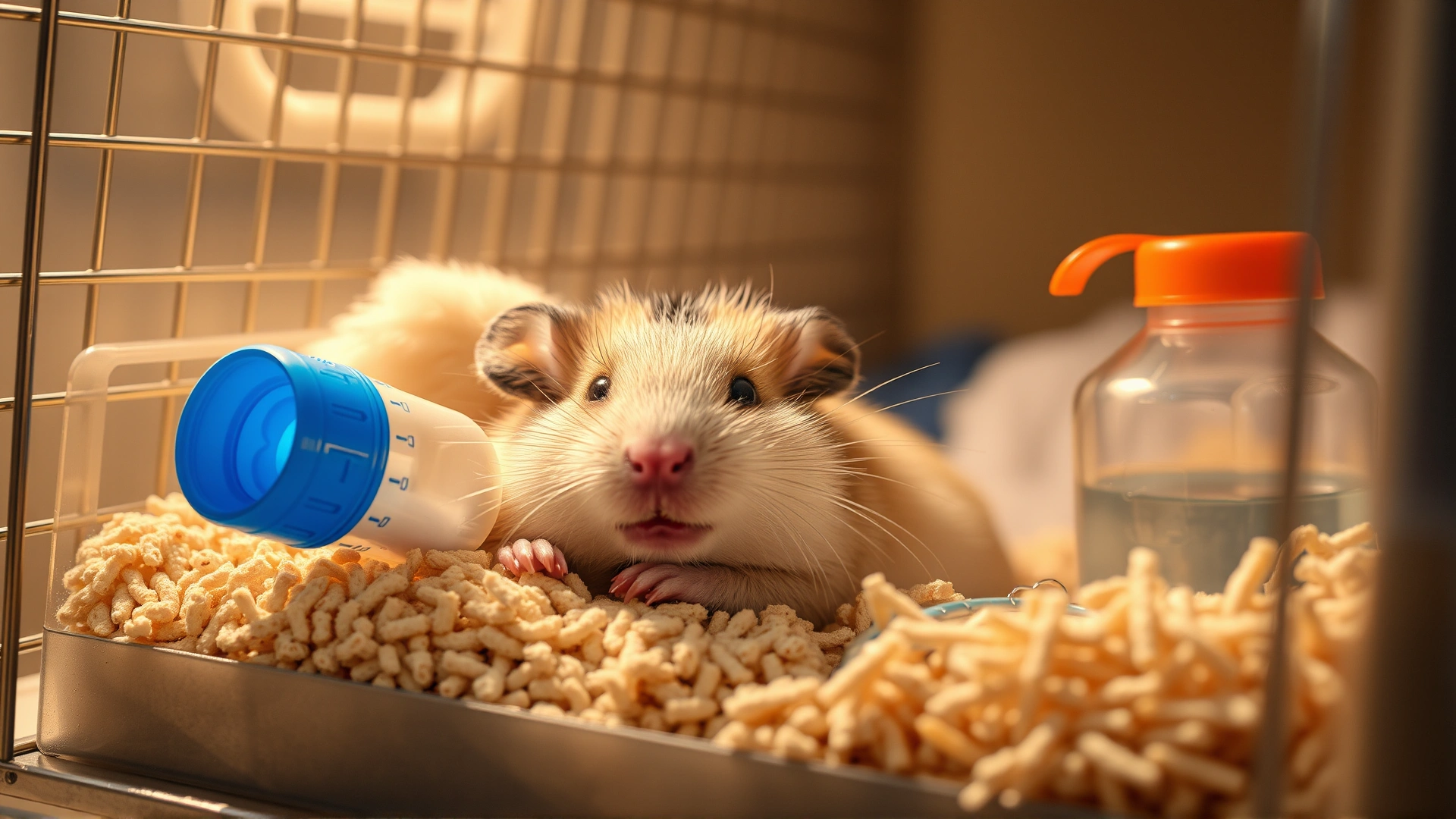 Hamster resting in a recovery carrier with fresh bedding and a miniature water bottle, soft warm lighting, no text