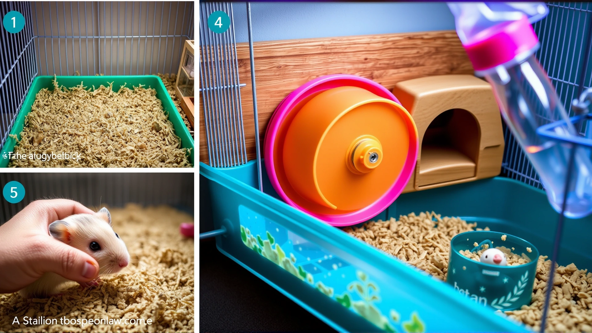 Step-by-step visual of setting up a hamster cage: laying bedding, installing wheel, adding hideout and water bottle