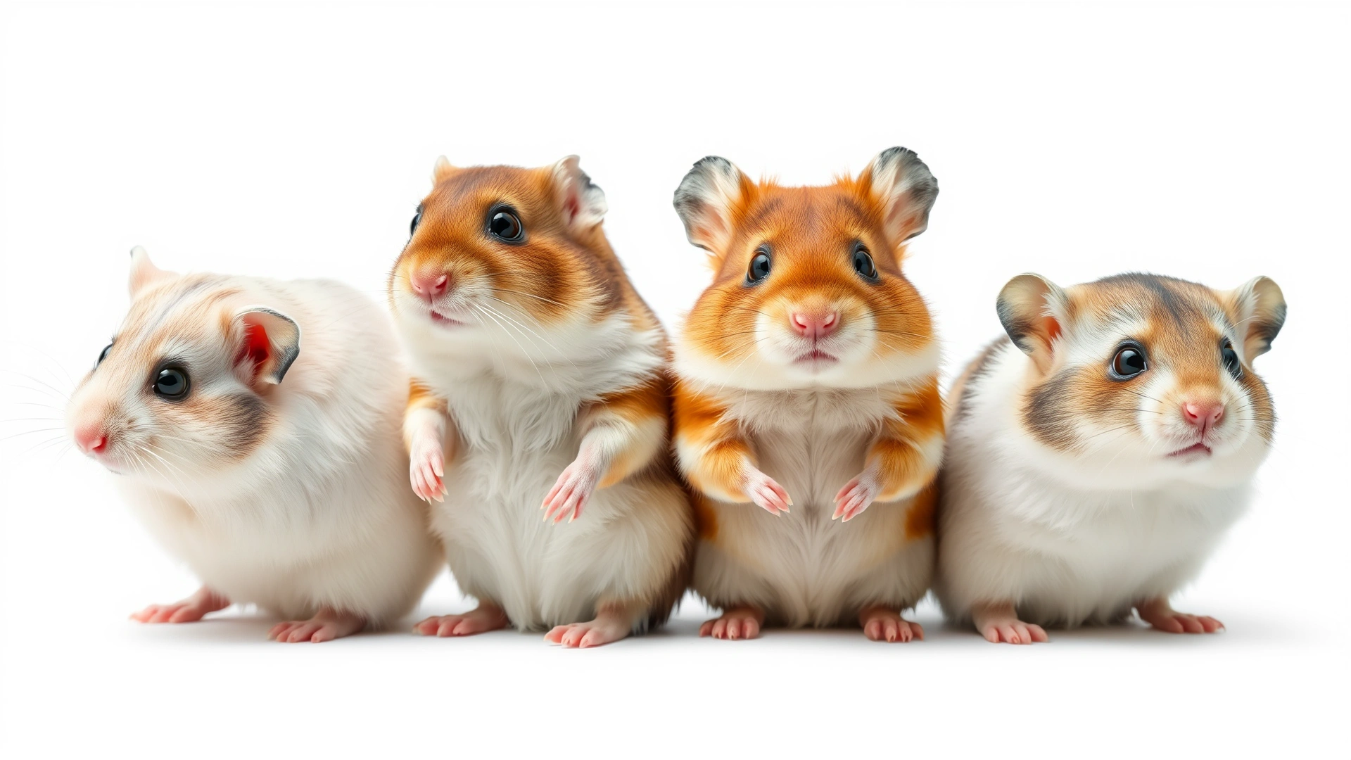 Collage of four hamster species (Syrian, Roborovski, Campbell dwarf, Chinese dwarf) placed side by side on white background; each clearly visible, studio lighting.