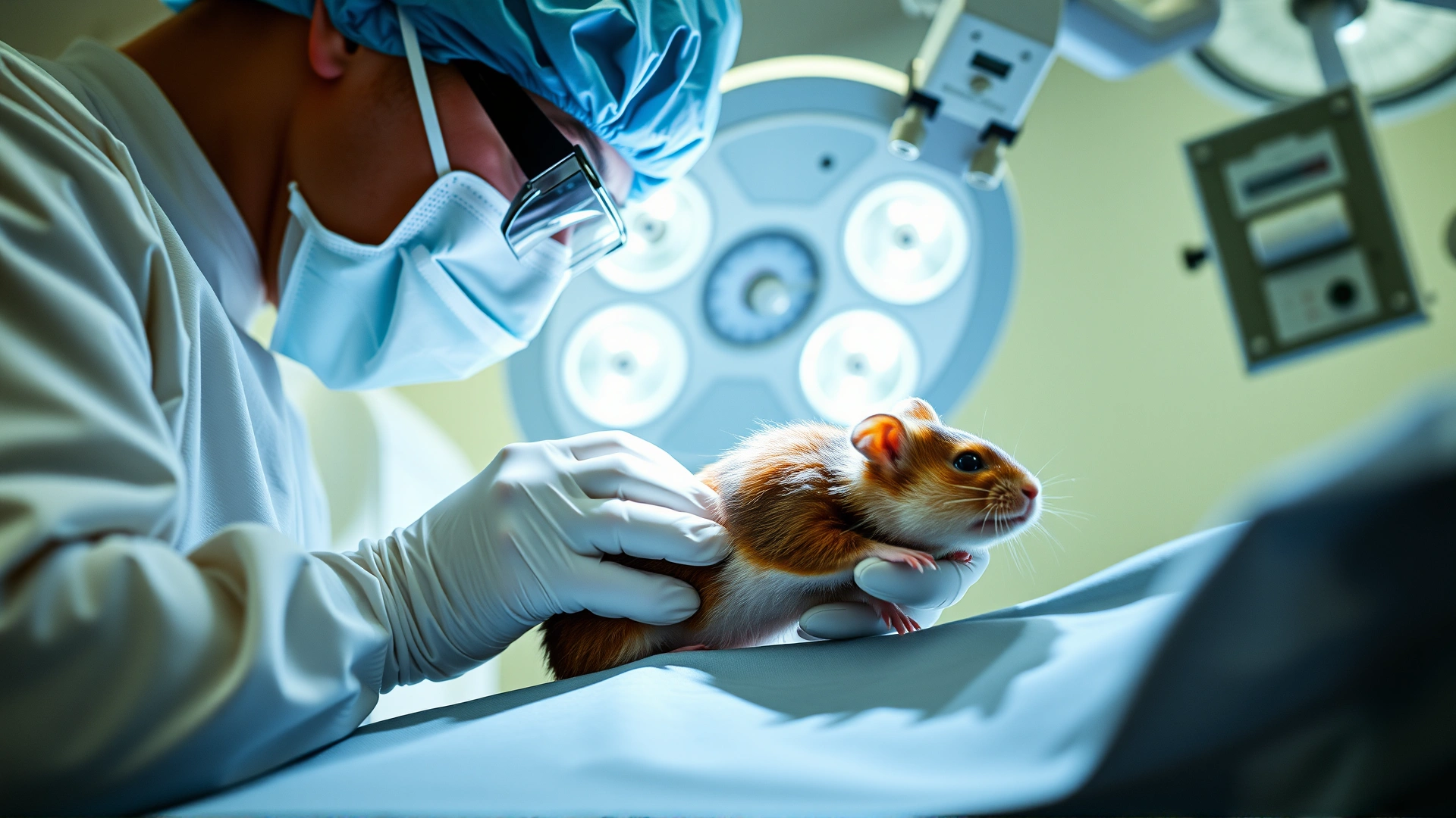 Veterinarian performing minor surgery on an anesthetized hamster under bright surgical lights, sterile setting, no visible blood, no text