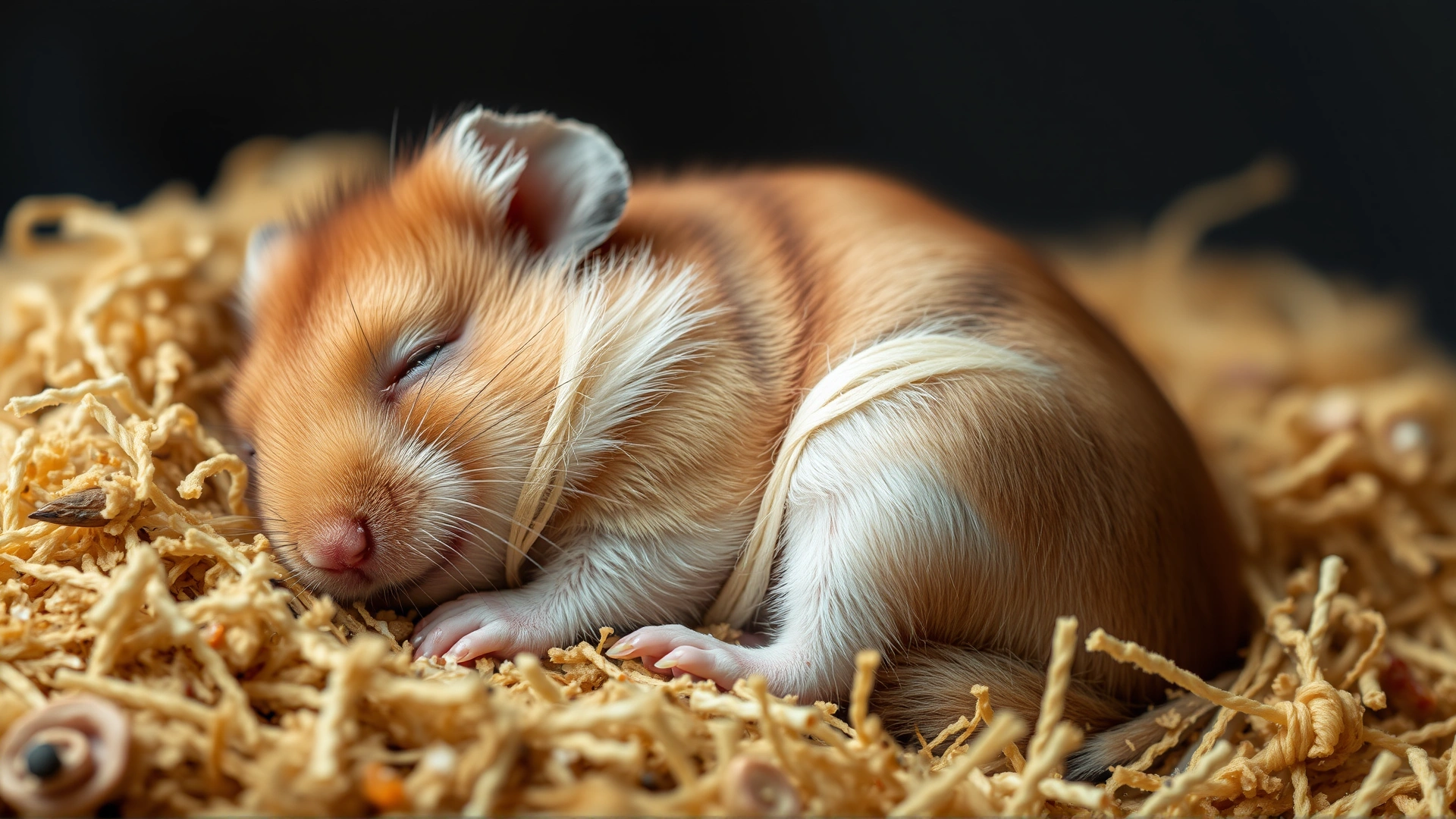 Sick Syrian hamster lying curled up in its bedding, eyes half-closed, demonstrating lethargy and illness.