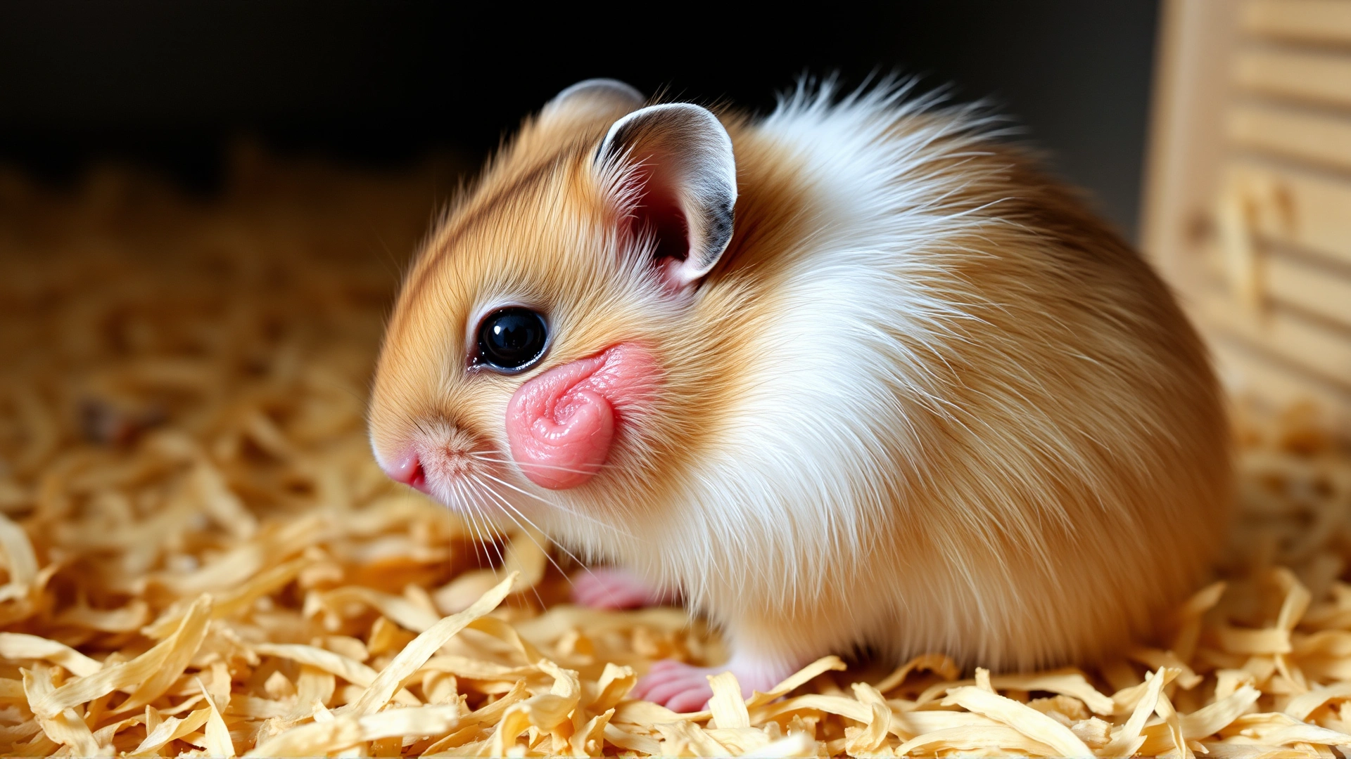 High-resolution photo of a Syrian hamster showing visible swelling on one cheek while sitting on wood-shaving bedding.