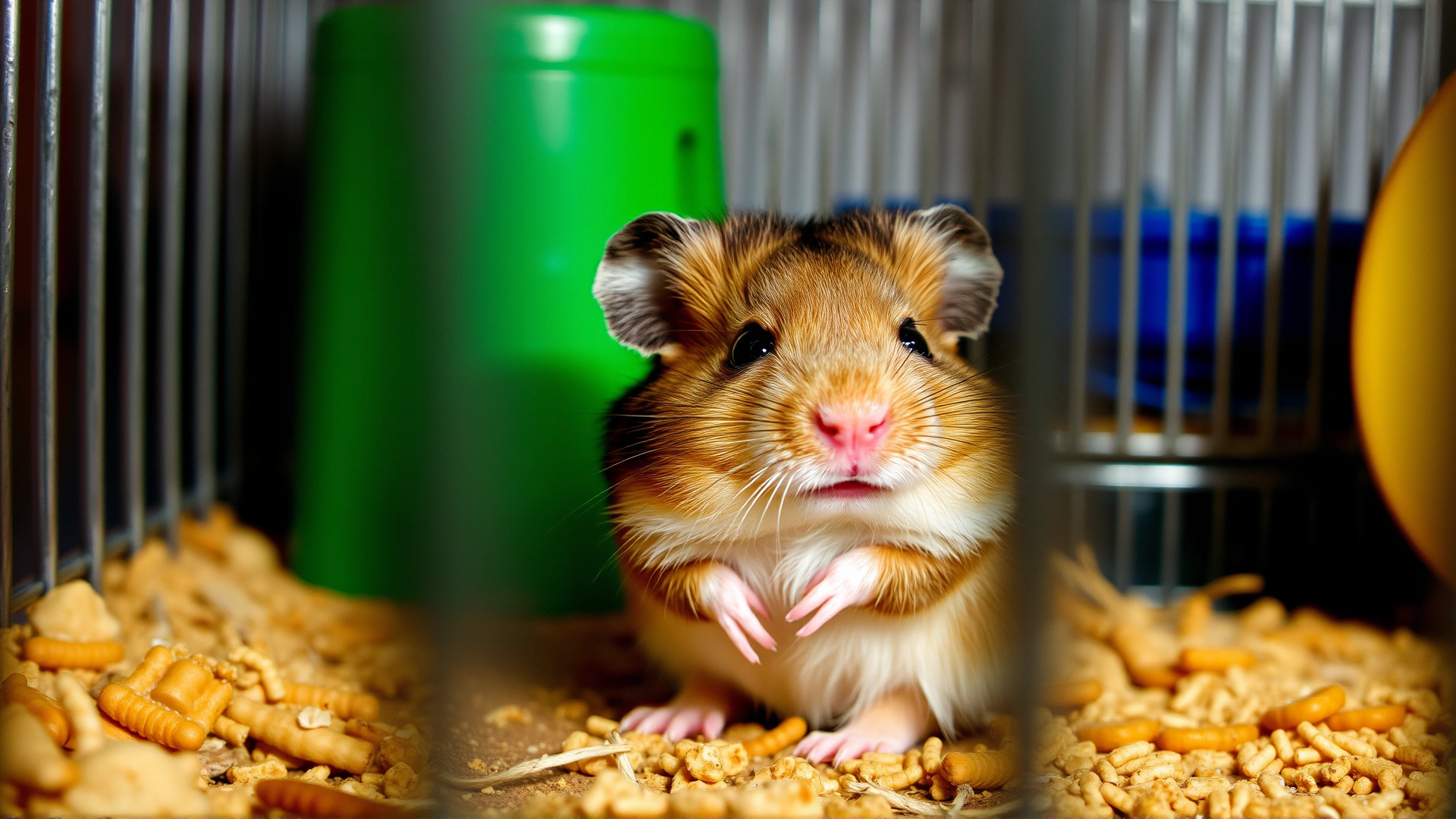 Photo of a slightly lethargic hamster sitting with puffed fur, looking tired in its cage, no text