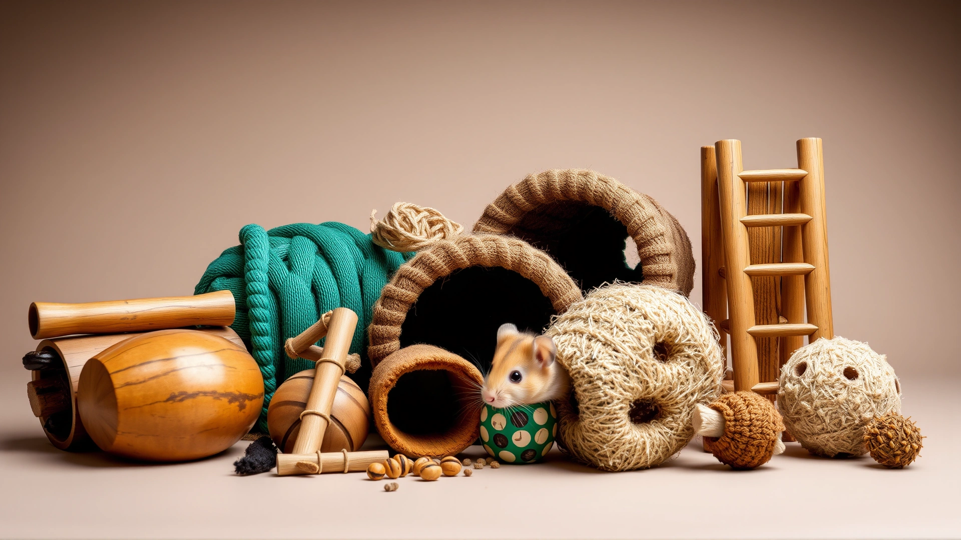 Assortment of hamster enrichment toys: wooden chew sticks, tunnels, a climbing ladder, and foraging toys arranged on a neutral backdrop, studio lighting.