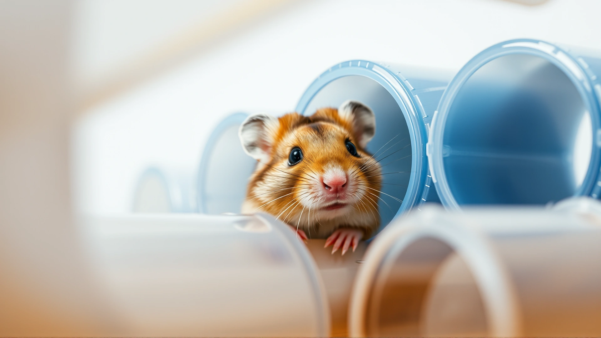 Dwarf hamster peeking out of transparent plastic tubes connected in a maze – curious expression, well-lit, clean background