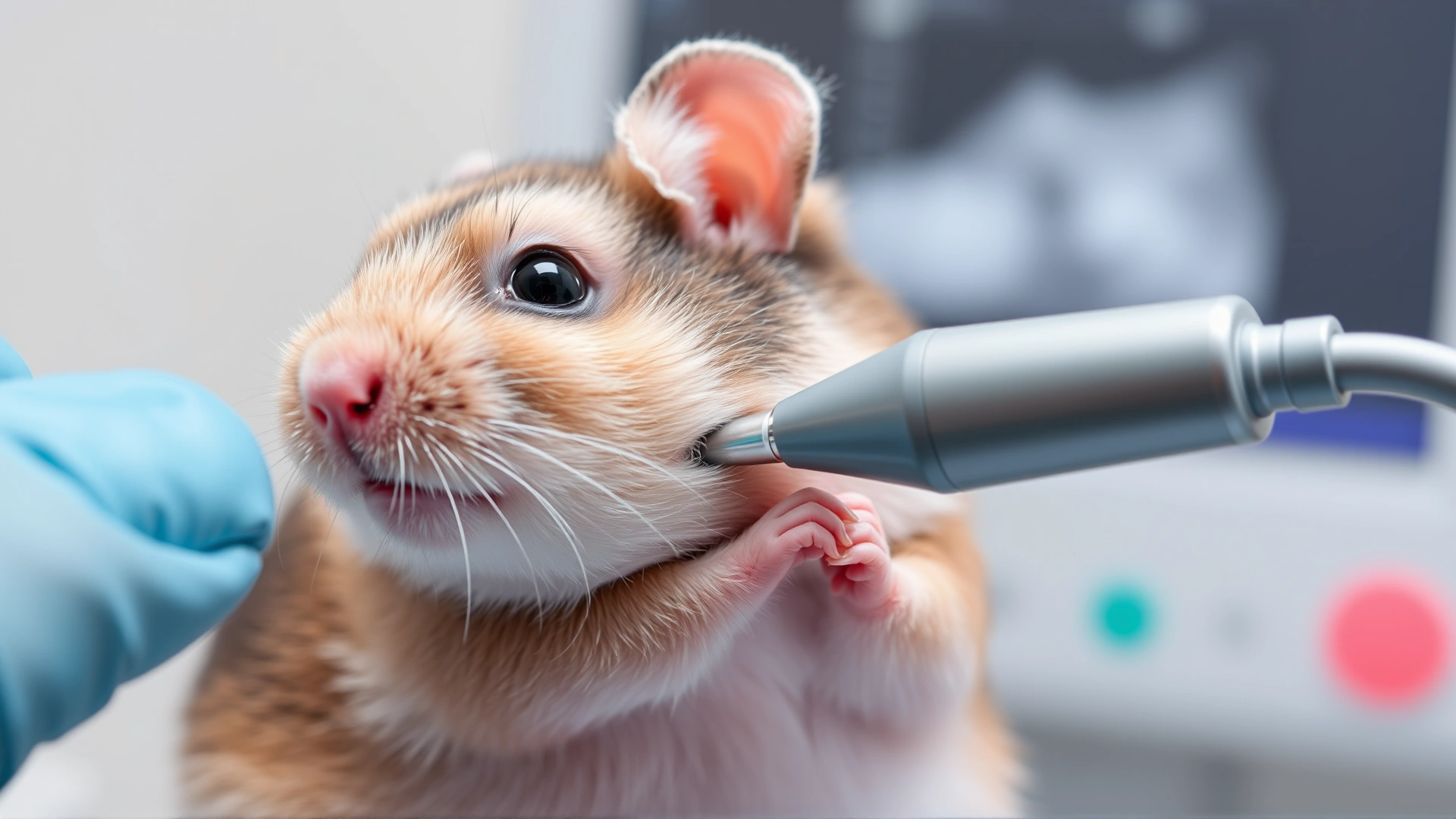 Close-up of a small ultrasound probe being applied to a hamster’s shaved abdomen, with the monitor slightly blurred in the background.