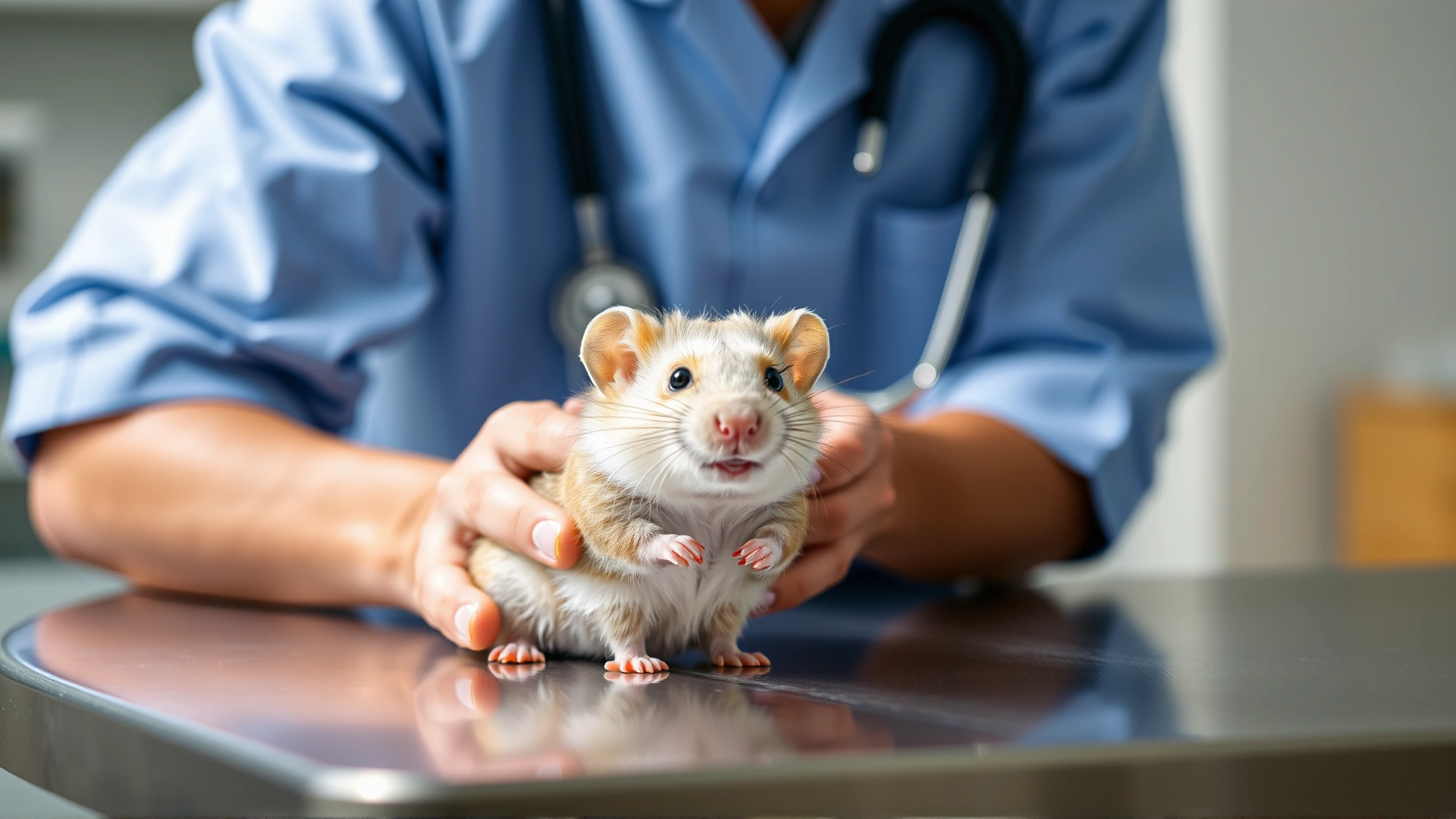 Veterinarian gently examining a small hamster on a stainless-steel exam table, clinic background blurred, natural lighting, no text