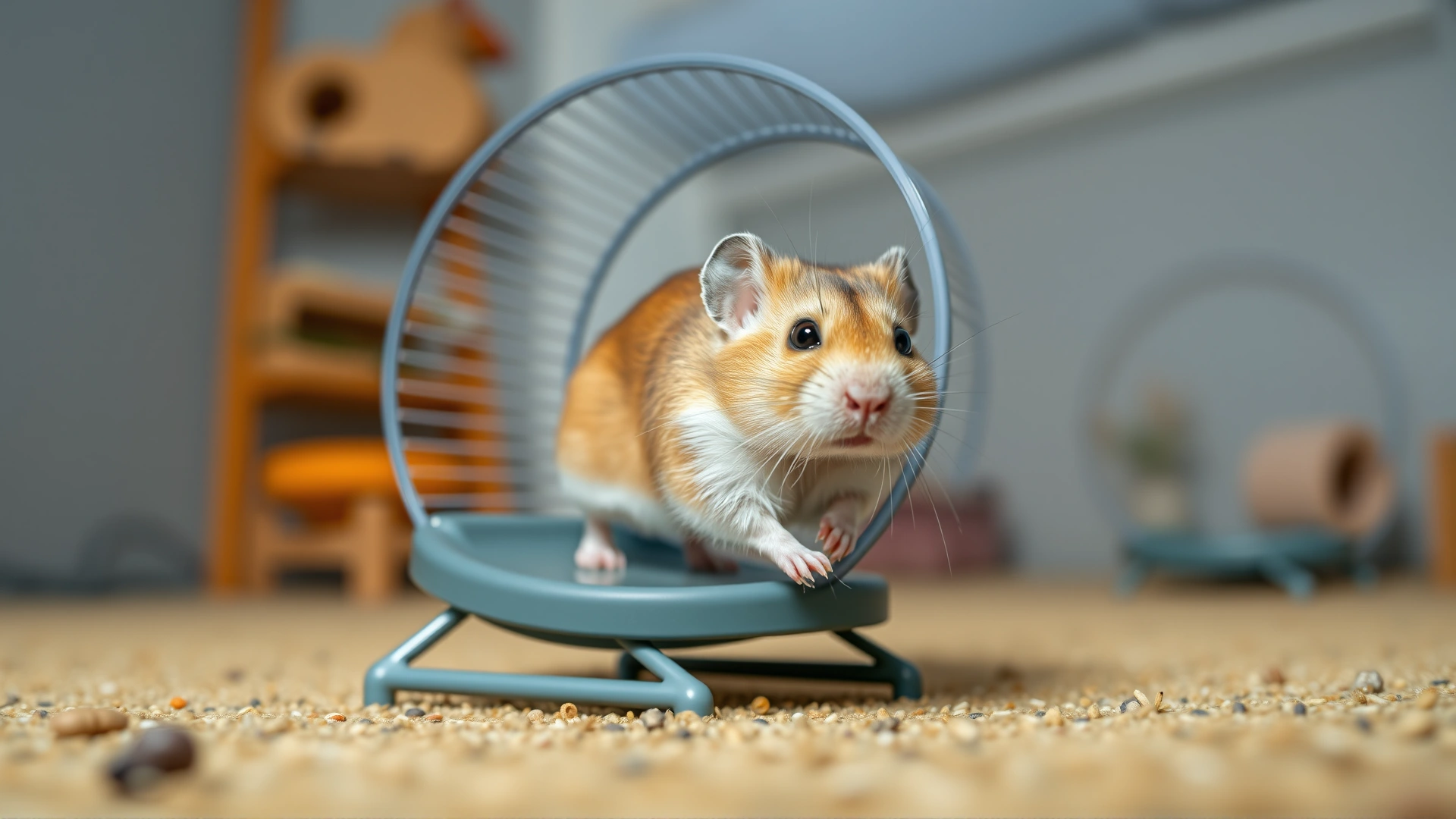 Close-up of a Syrian hamster actively running on a solid-surface exercise wheel in a spacious habitat – clear focus on movement and wheel design